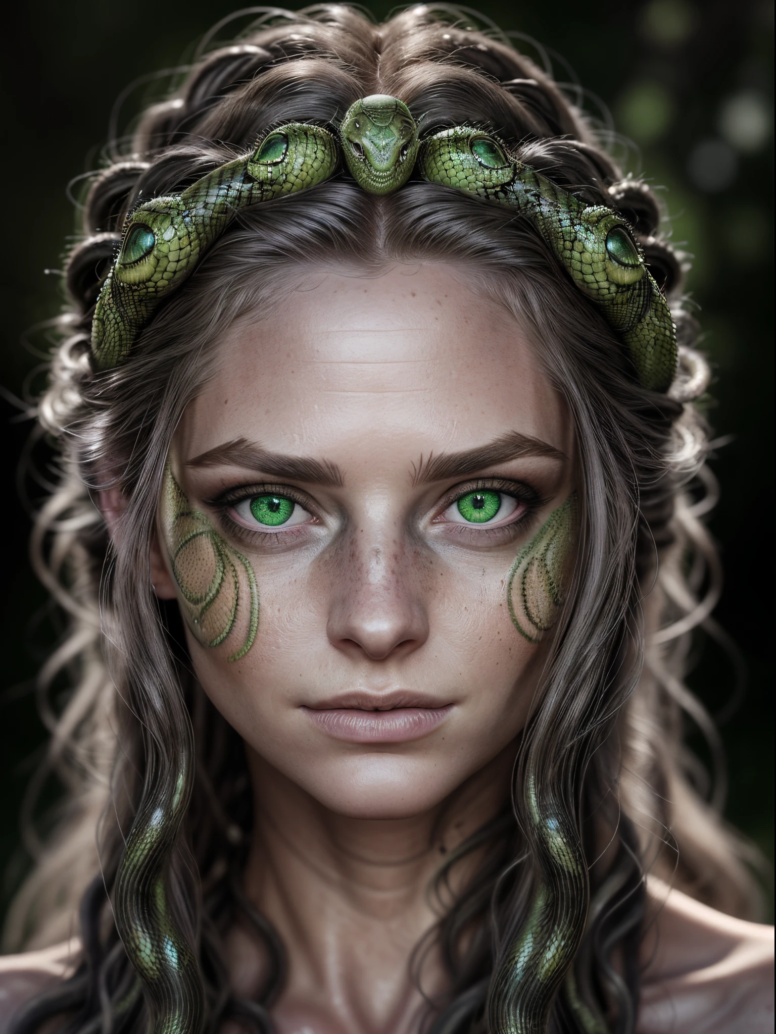 (Realistic:1.5), photorealistic, RAW photo, analog photo style, depth of field, ultra detailed photo of Medusa, (the hair is composed of countless snakes), detailed green eyes, dark makeup, gorgorouse female face, detailed photorealystic fece, goddess aura, artstation, bioluminescence, naturally shadows, warm filter, cinematic light, professional photography, canon lens f1.4, 16k