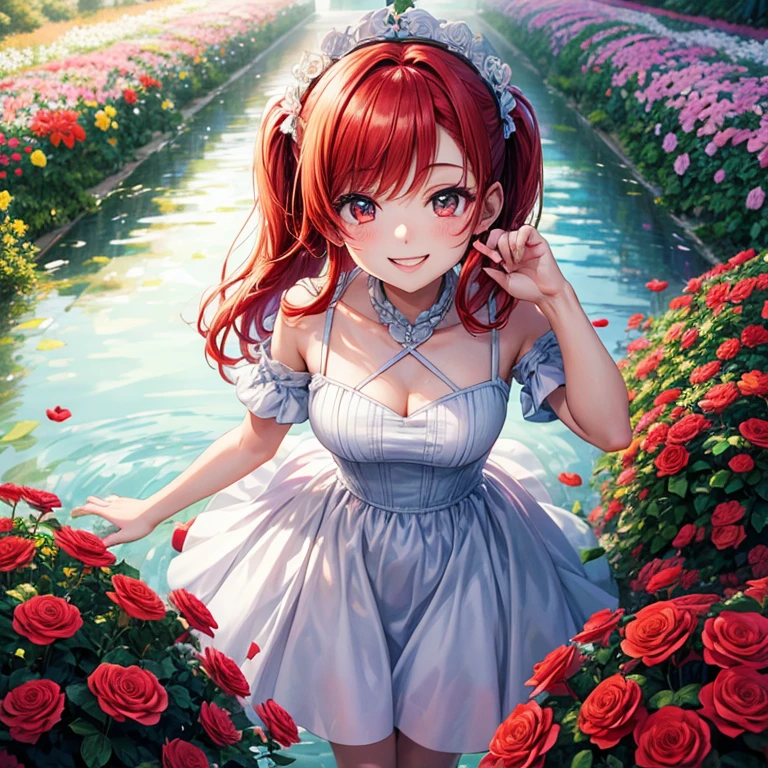 A girl with red hair, smiling face and wearing white frog dress in a colorful flower garden, looking at viewer in manga style