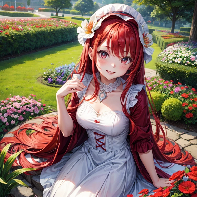A girl with red hair, smiling face and wearing white frog dress in a colorful flower garden, looking at viewer in manga style