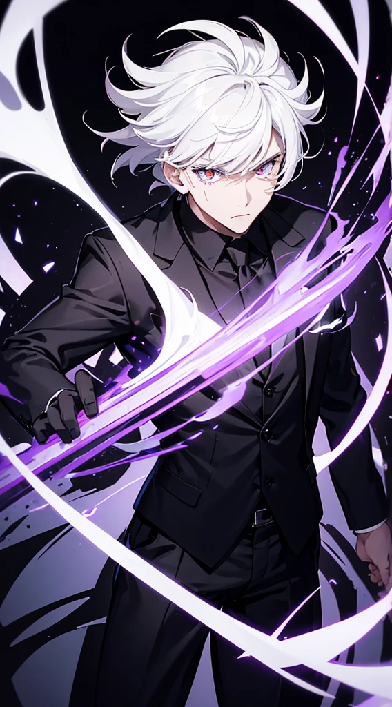 detailed,8k, Smiling illusionist with spiky white hair wearing a male overcoat, All-black attack mode (From the waist up)