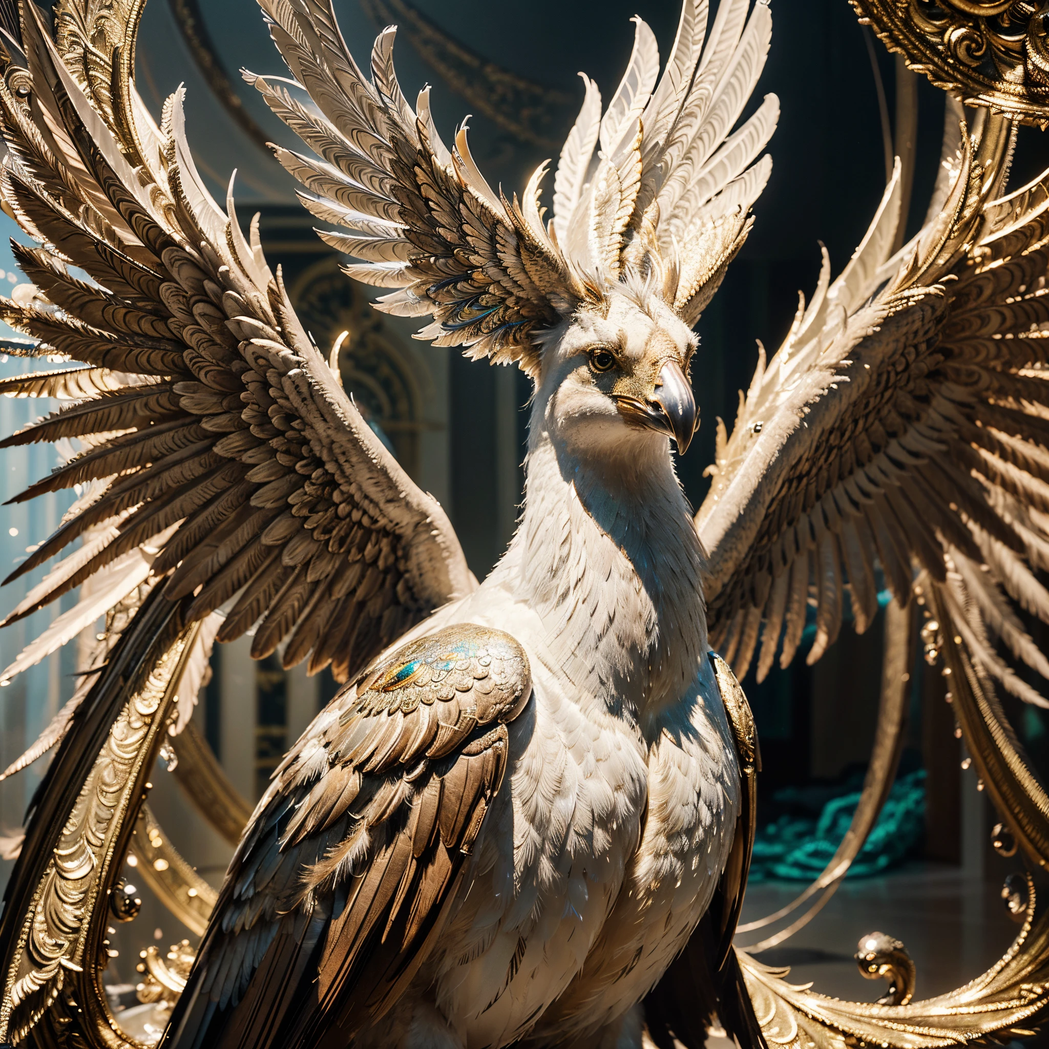 In an acrylic painting, a resplendent and ethereal griffin captivates the eyes with its shimmering presence. This stunning artwork showcases the mythical creature in exquisite detail, illuminated by a celestial glow that seems to emanate from within. Its majestic wings, adorned with intricate patterns, glisten with a dazzling array of pearlescent hues. The artist's masterful brushstrokes and meticulous attention to detail give the image a lifelike quality, allowing viewers to almost feel the softness of its feathers and the warmth of its gaze. This evocative portrayal of the griffin imbues the scene with a sense of awe and wonder, enticing viewers to delve into the realm of fantasy and imagination.