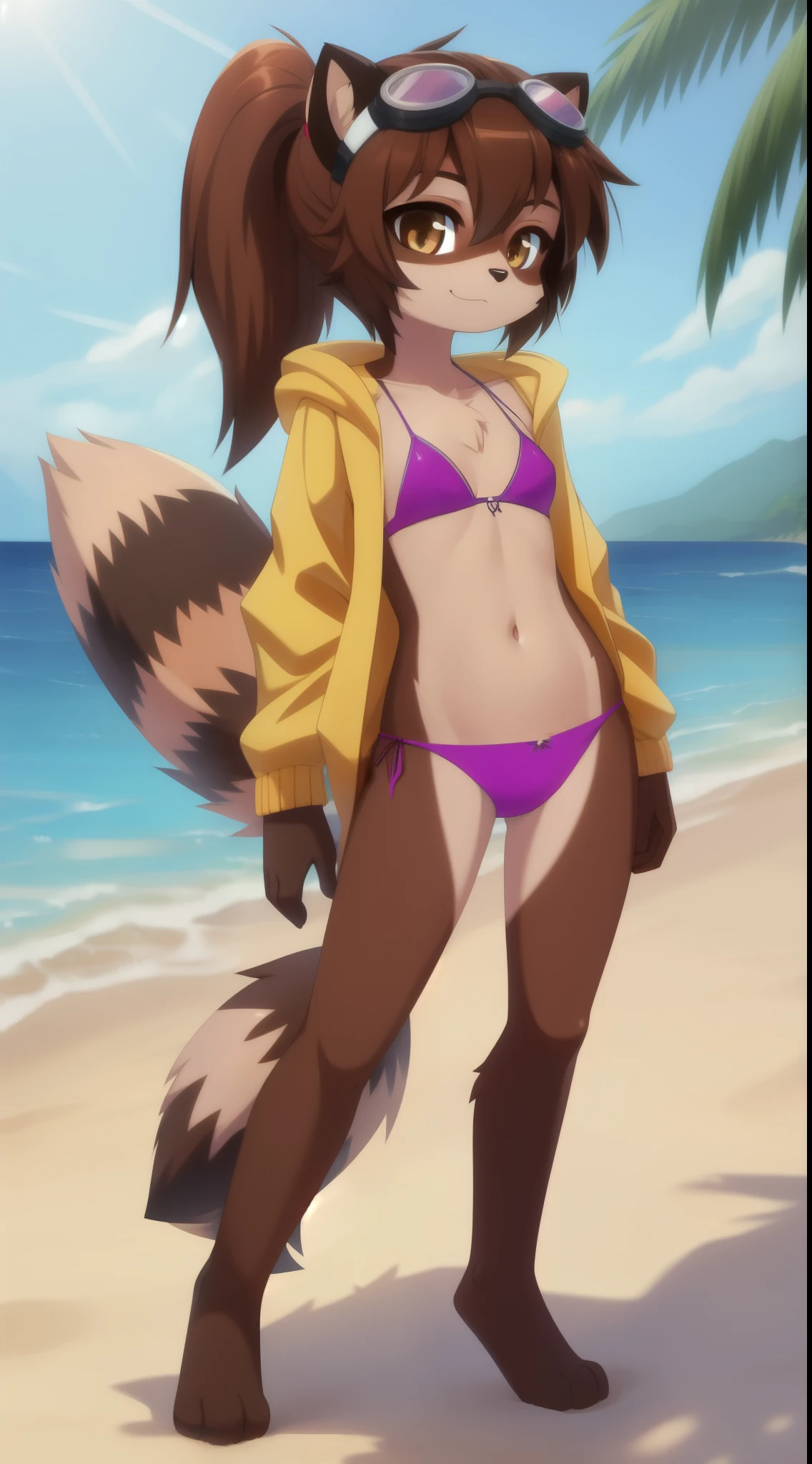 furry girl, young, raccoon, brown hair, emo shag hairstyle, short spiky ponytail, anime style, small breasts, hazel eyes, yellow hoodie jacket, open clothes, purple bikini, purple skirt, goggles, beach, clear sky, high quality, detailed body, detailed eyes, detailed face, masterpiece, glistening body, shiny body, detailed body fur, best quality, two tone body, Brown body fur, clear Brown body fur, skinny, sassy face, :3, full body, paws whit three toes,