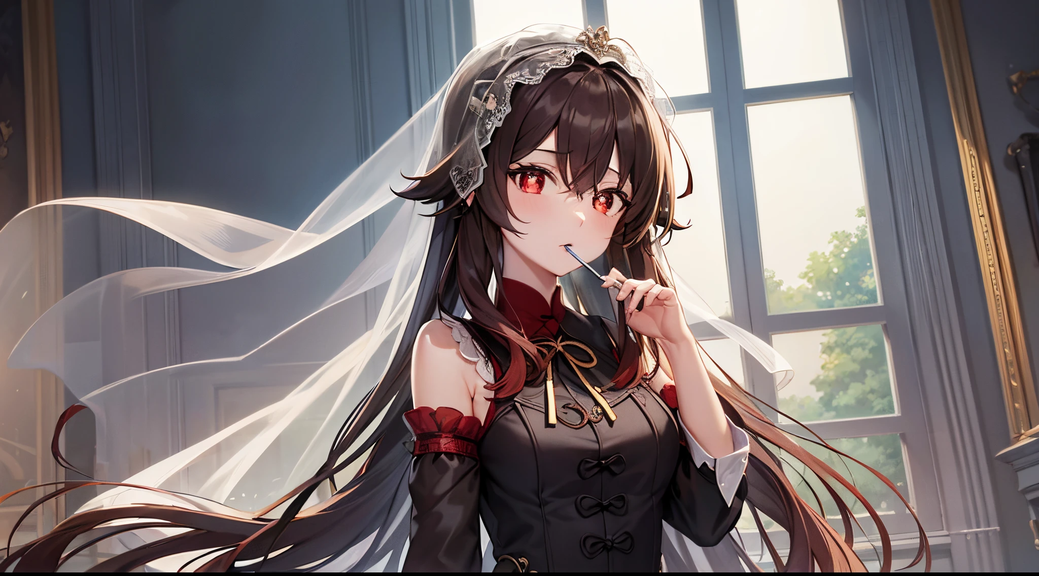 masterpiece, best quality, high quality, 1girl, solo, Wedding dress with a large veil,looking at viewer, upper body, hu tao, long hair, brown hair, red eyes, ribbon, mouth hold, lollipop, headphones, plaid,