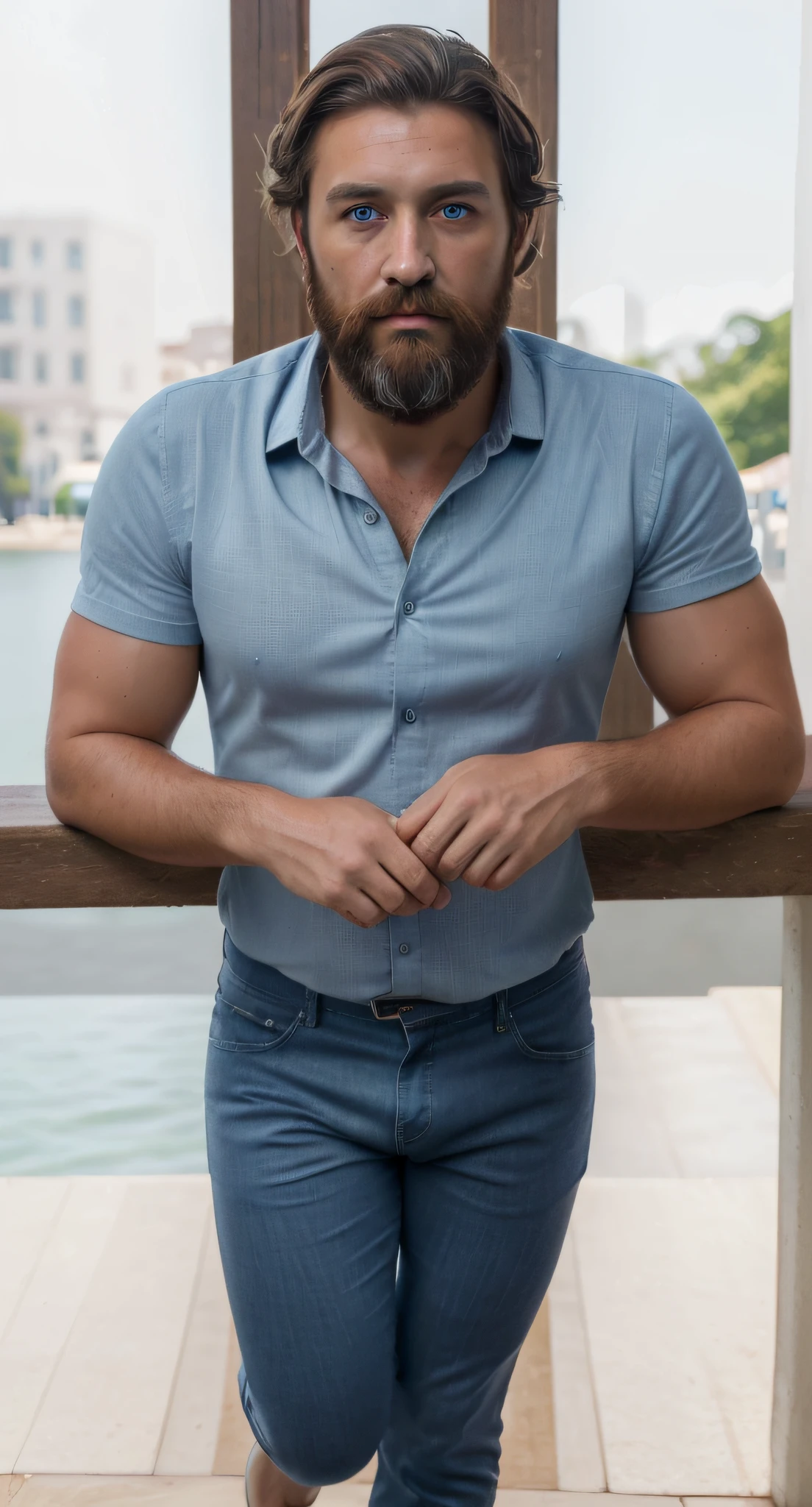 (Best quality,4K,8k,high resolucion,Masterpiece:1.2),Ultra-detailed,Realstic,portrait,Un,Barbu,cheveux bruns,yeux bleus,Detailed eyes and face,tanned skin,légèrement ensoleillé,Chemise bleu clair,Dark blue pants,chaussures grises