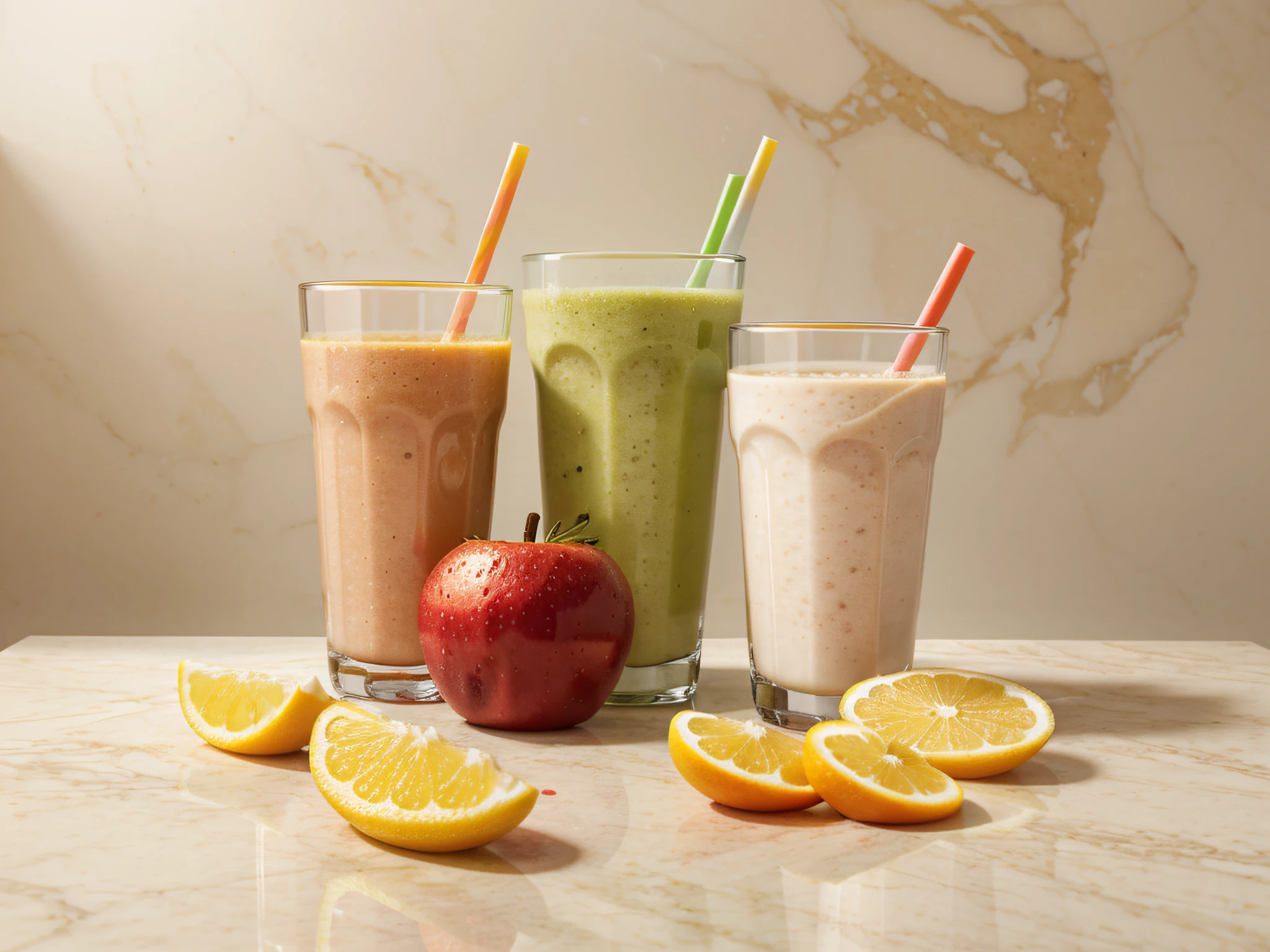 Freshly squeezed fruit and vegetable juice smoothie on a light colored marble background and copy space