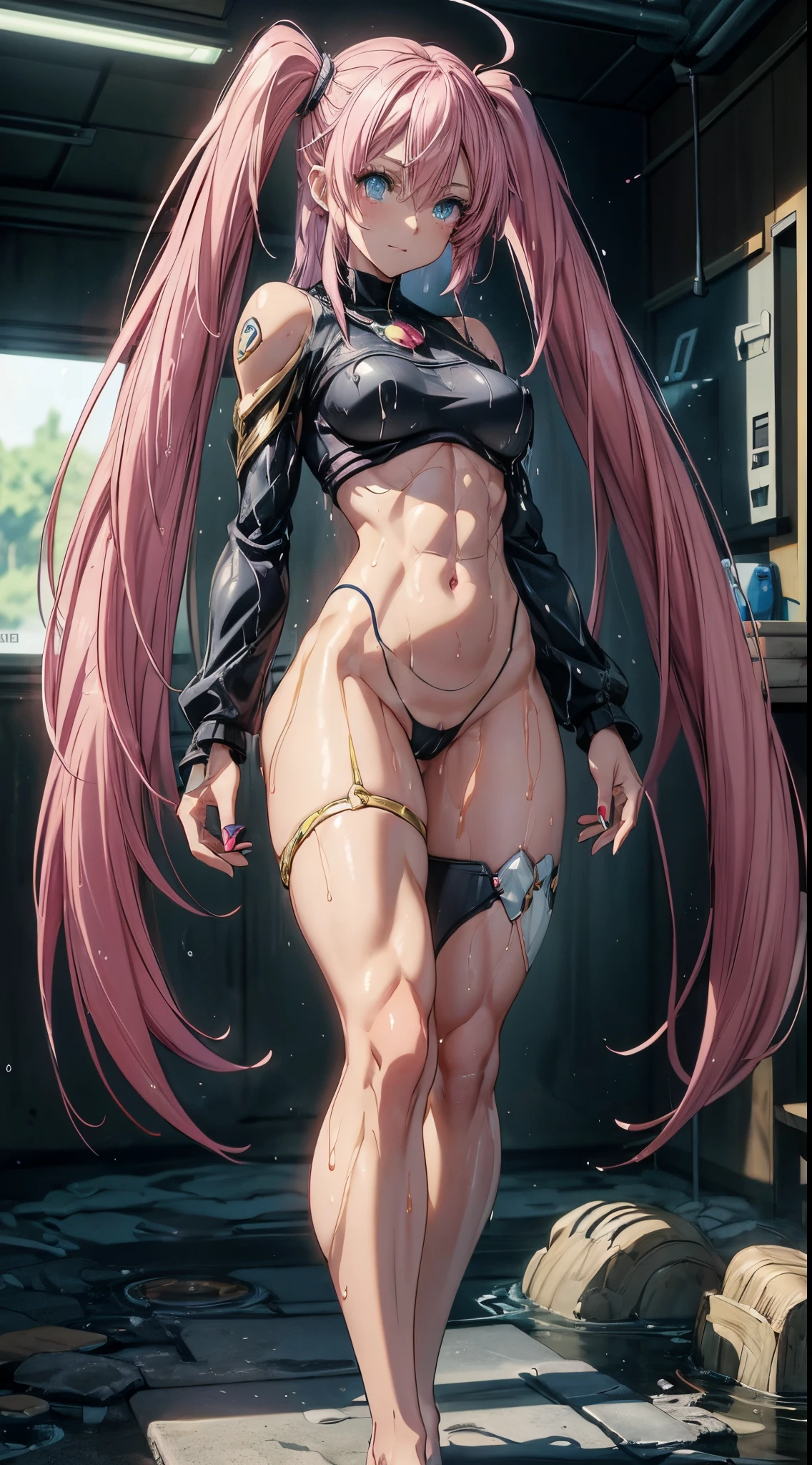 1 girl, (medium breasts))), (((all wet with lust))), (naked), with a little hair on her pussy, (long pink hair), (((blue eyes))), thin arms , (in the bathroom near the bathtub), (slim waist), (muscular legs), muscular belly), wide hips, bare feet, (((black nails))), (full body photo), (((standing com using a strapon))), (twintails), Long Eyes, eye flare, anime, anime style, ray tracing, glow, drop shadow, panorama, Sony FE, 8k, UDisk, master piece, precise, anatomically correct, Super Detail, best quality, ultra high resolution, hard disk, 16k