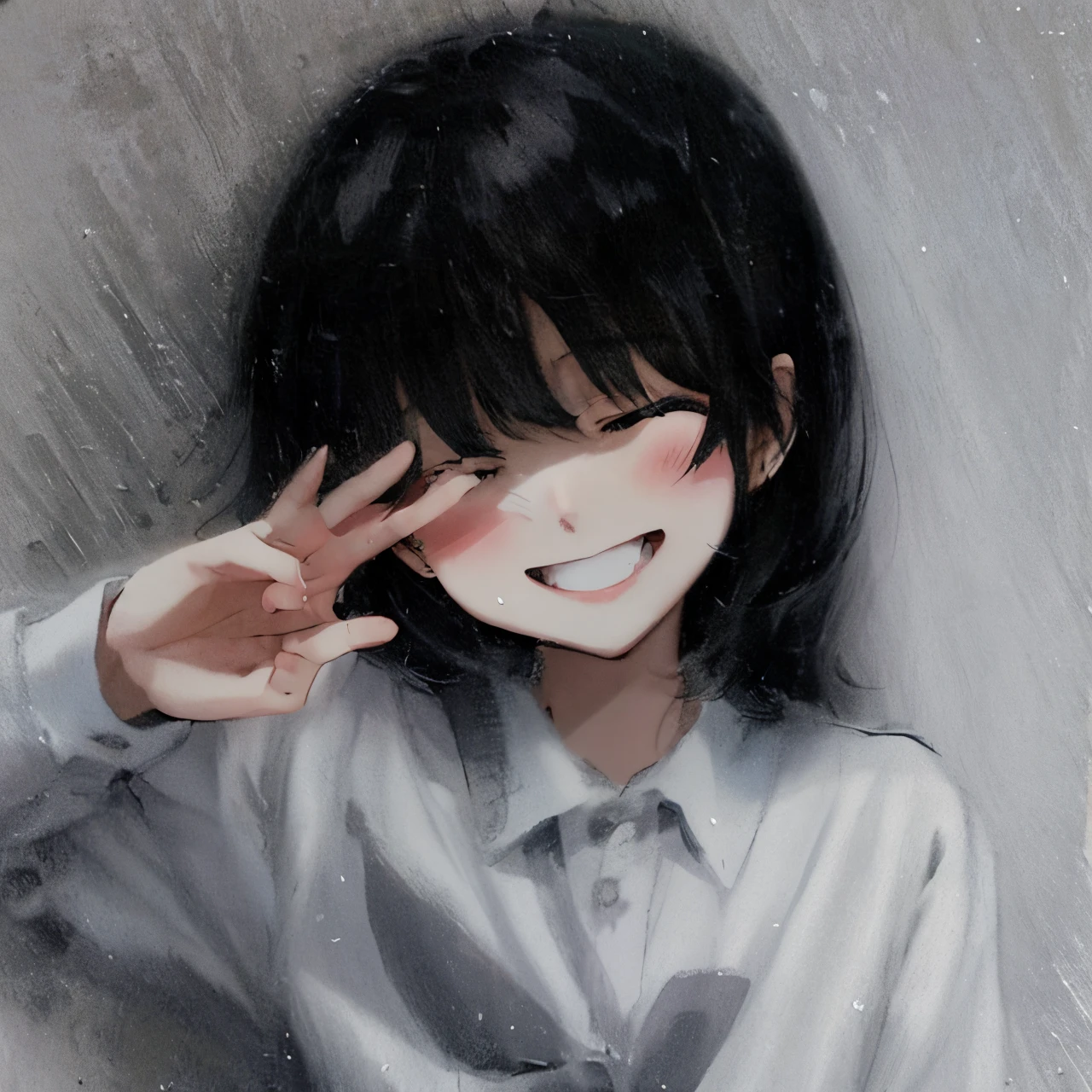 in the style of Chi no Wadachi, manga style, black and white, a girl standing, wearing a light shaded school uniform reaching making peace sign with fingers in front of eye, surrounded by darkness, black hair, shadow over eyes, hair in eyes, perfect hand, face, (((closed eyes, happy)))