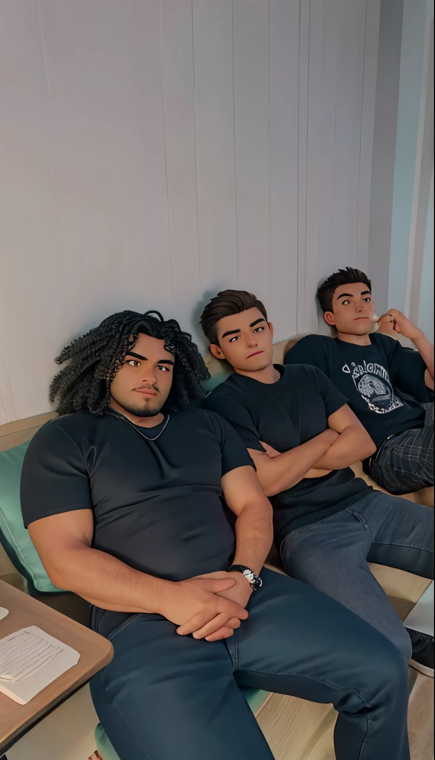 three men sitting on a couch with their arms crossed, taken in the early 2020s, heavy grainy picture, they are all laying down, blurry image, very very low quality picture, teenager hangout spot, chillin at the club together, profile picture, non blurry, photo taken in 2 0 2 0, profile pic, roomies, desaturated!!