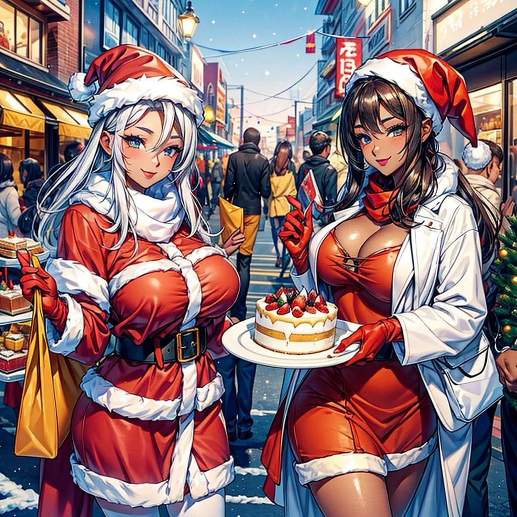 In this festive winter，A group of hot girls dressed in Christmas costumes came to the lively streets。They are holding beautiful Christmas cakes in their hands，Start selling with a smile。These cakes have unique shapes，Rich in taste，Attracting many passers-by to stop and taste。

Hot girl wearing festive makeup，With red santa hat，Showing a strong festive atmosphere。They enthusiastically recommend their cakes to passersby，ao mesmo tempo, Don’t forget to send your blessings：&cite;Merry Christmas！&cite;The winter sun shines on the hot girls，They look even more dazzling in the cold wind。Pedestrians praised their beauty and bravery，It also brings a touch of warmth to this cold winter。

As Christmas approaches，Hot girl business is booming。Their Christmas cakes have become a popular product in the market，Many people have already made reservations，I hope that on this special holiday，Share this sweetness with your family。

this winter，Hot girls in Christmas dresses become a beautiful sight on the street。They spread holiday cheer，Bring people warmth and happiness with delicious cakes。And all this，They have become the best memories of this winter。