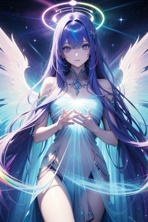 A mystical celestial high form, giant form, radiating magic halo (all colors of the rainbow), rainbow colors, blinding light from behind, 2 arms:1.74, white radiating eyes, godly figure, High Details:1, blinding white light emanating behind the figure, beautiful translucent wings of all colors, hands full of cosmic jewelry, radiating spectrum of colors everywhere, long beautiful blue-purplish translucent hair full of stars, eyes shining blue, translucent robe, highly detailed face without errors, translucent being (hair, skin, hands, limbs)