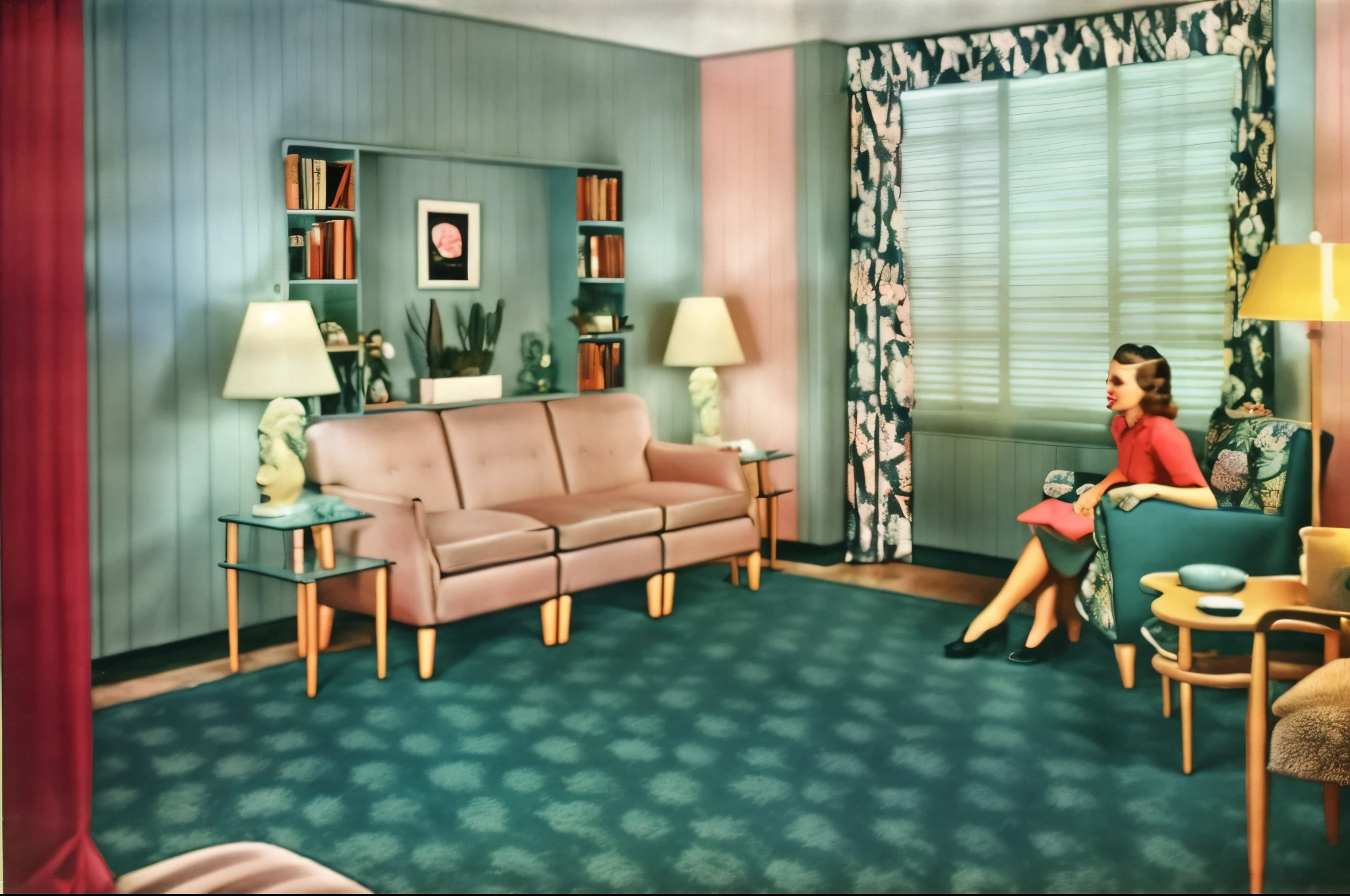 arafed living room with a woman sitting on a couch, 1 9 5 0's decor, cozy 1 9 5 0's, 1950s art deco, 1 9 5 0 s style, vintage colours 1 9 5 0 s, 7 0 s living room, blue and pink color scheme, in a living room, atomic age maximalist, living room