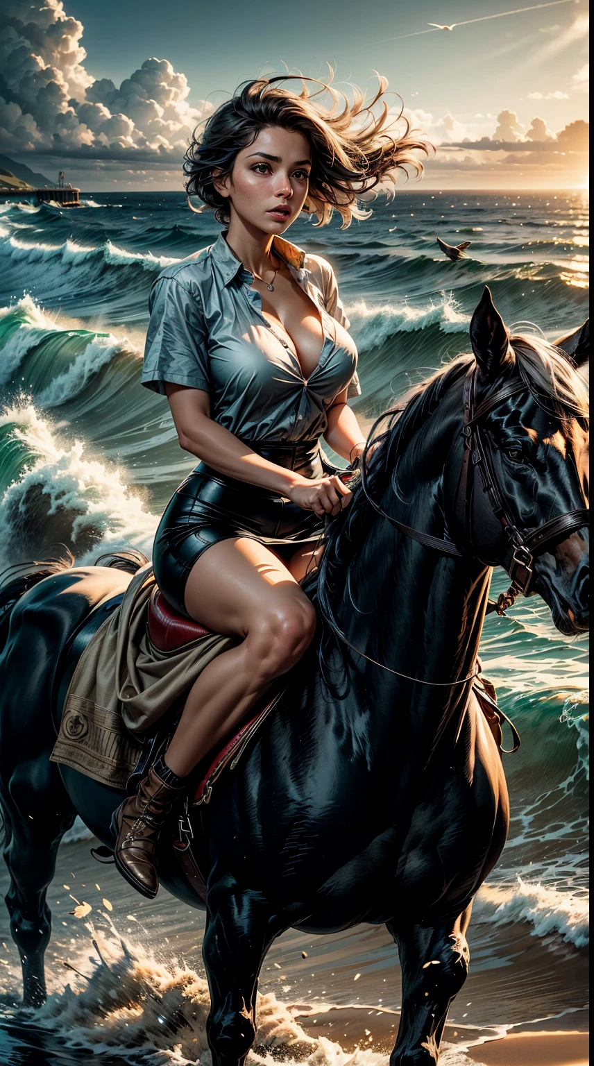 Tia is shown to have a fairly slender figure. She has white-grey hair , she has short hair and large pale green eyes, wearing a sports uniform and sitting on the back of a large, powerful black horse.  The horse is quickly guided to the seashore.  The girl's hair is blowing in the wind and her face shows enthusiasm.  The horse moves at great speed on the beach sand.
 Large waves are seen crashing onto the shore and rising in the background.  The sky is clear and illuminated by warm sunlight.  Flocks of birds soar into the sky, spreading their beauty across the landscape.
 The sight of the girl on the black horse conveys freedom, strength and adventure.  The image conveys the feeling of speed, enthusiasm and focus that the girl feels while riding on the horse.  It is a moment of perfect harmony between man, animals and nature., cleavage exposed, big breasts, superior quality, many details, Puri focus  Sharp and realistic