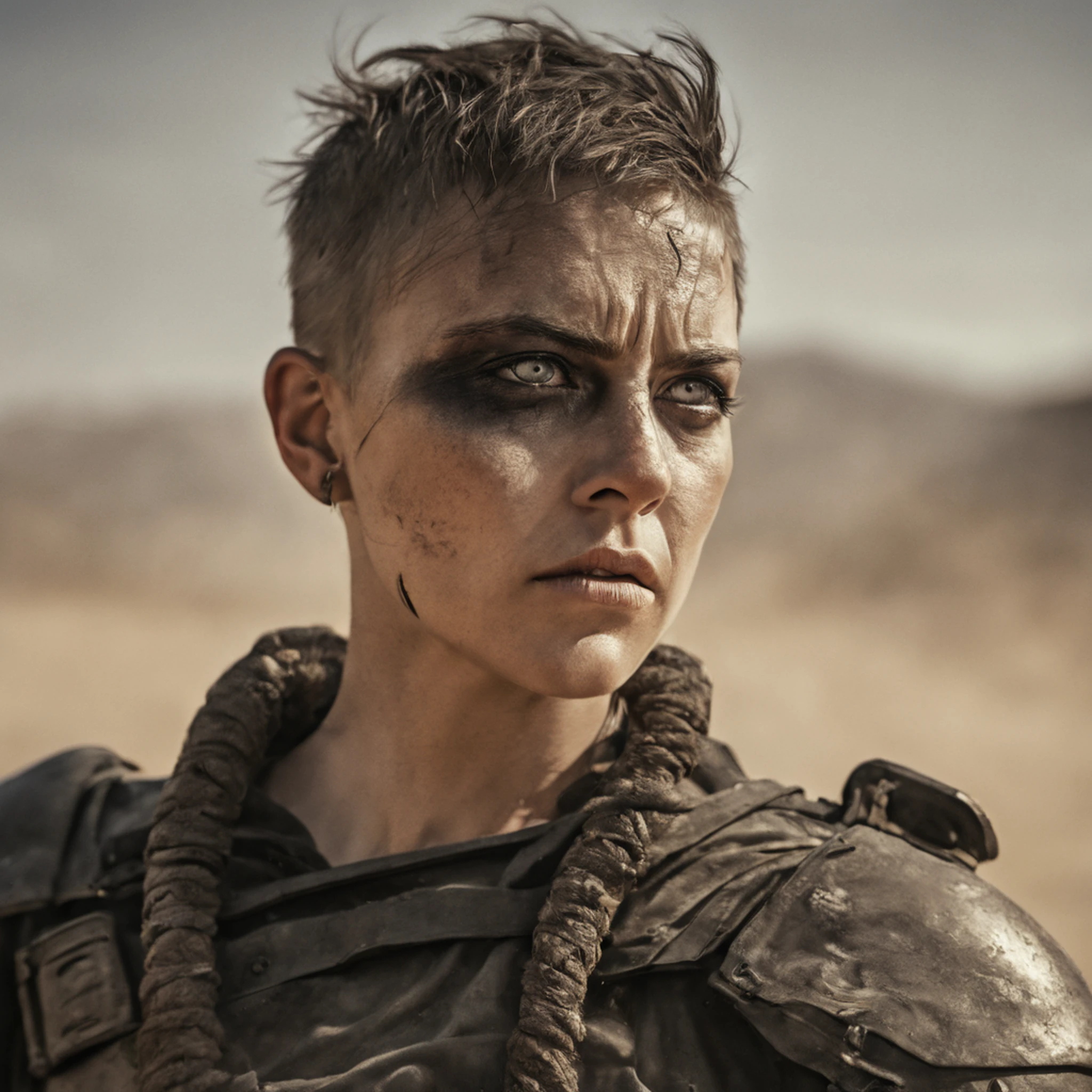 Furiosa,Mad Max,Mulher magra,short hair,rosto pintado,Meio preto,enormes olhos azuis,illustration,circunstanciado,rosto e olhos altamente detalhados,fundo do deserto,fierce expression,dystopians style,color grading:Contraste,low key lighting,Altas,arte conceitual,Action,post apocalyptic,corajoso,beleza dura,forza,Ferocidade,valentia, sexy, milf