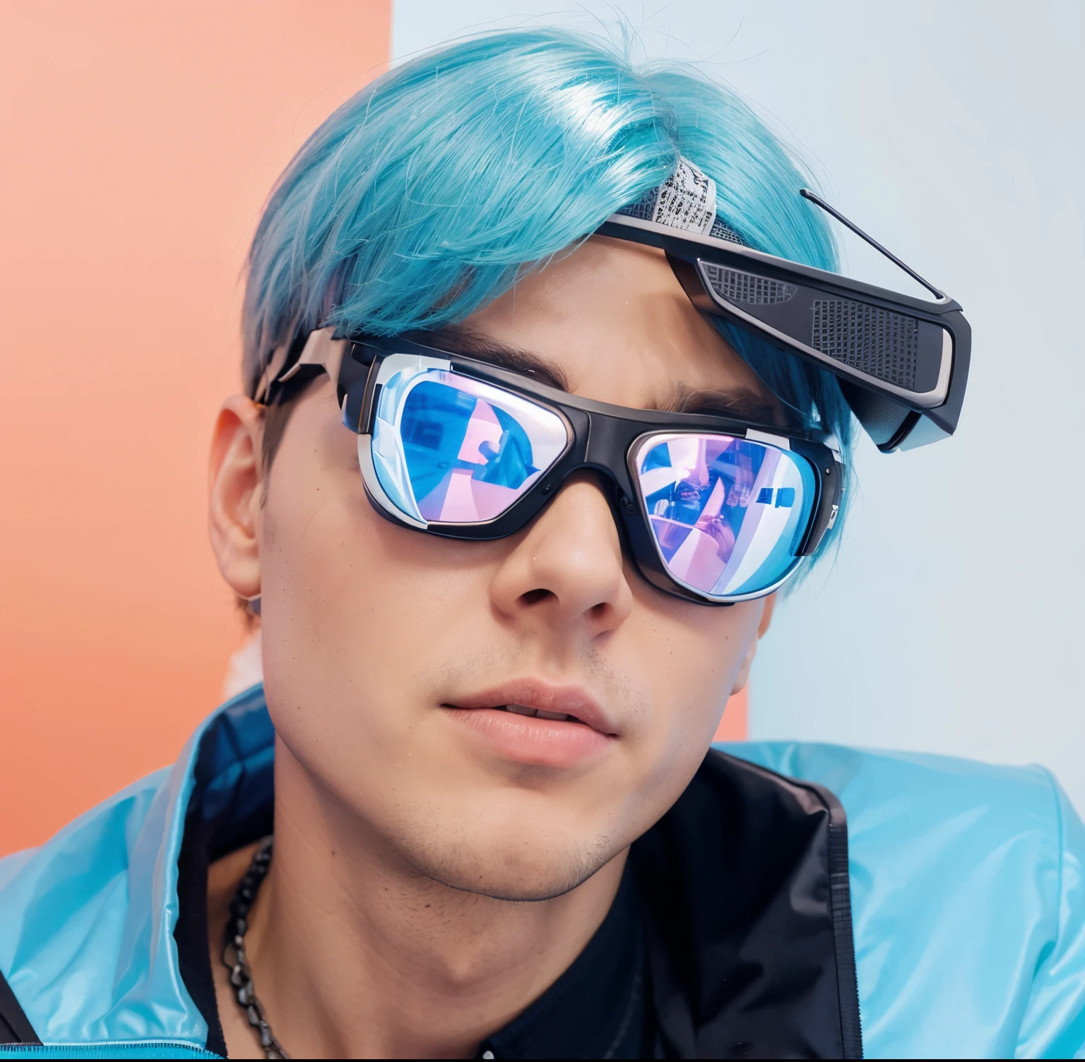 young man vector illustration style futuristic VR glasses blue background