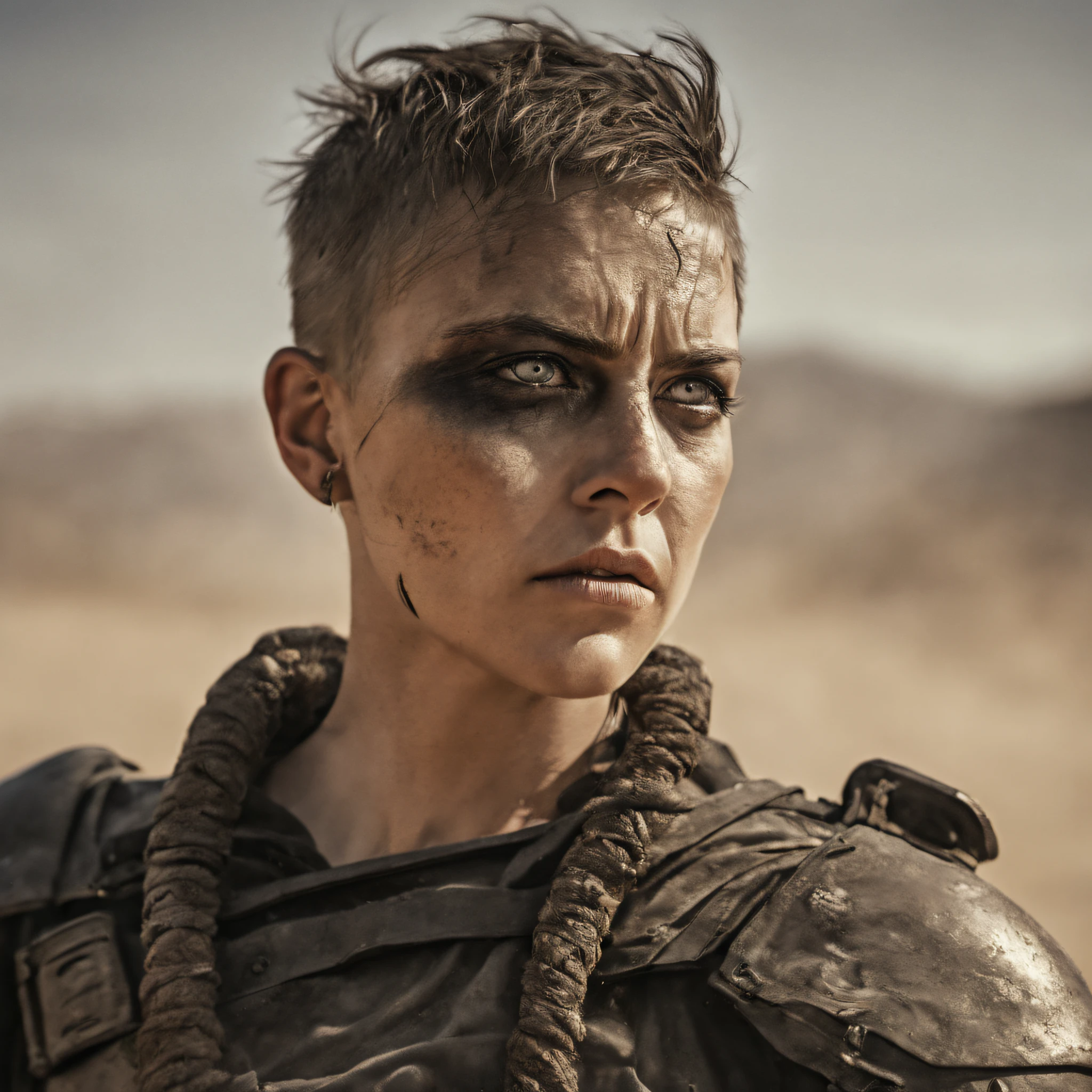 Furiosa,Mad Max,Mulher magra,short hair,rosto pintado,Meio preto,enormes olhos azuis,illustration,circunstanciado,rosto e olhos altamente detalhados,fundo do deserto,fierce expression,dystopians style,color grading:Contraste,low key lighting,Altas,arte conceitual,Action,post apocalyptic,corajoso,beleza dura,forza,Ferocidade,valentia, sexy, milf