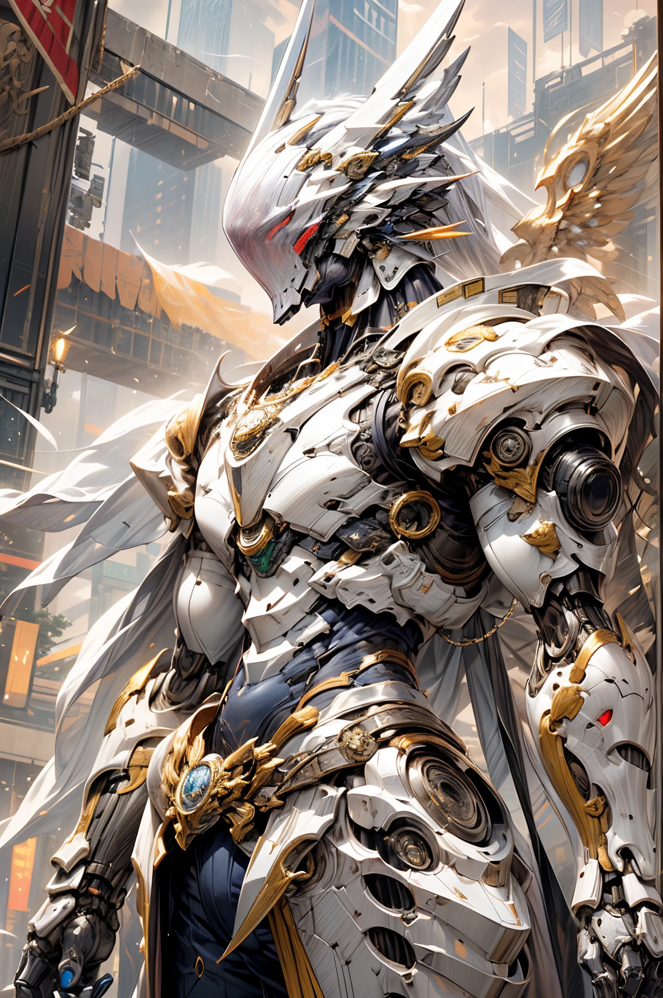 (((An epic and visually stunning digital anime masterpiece featuring a sylphlike masculine ((male:1.5)) decorated military soldier angel clad in a sleek yet tactical armored yet decorated leather military trench coat:1.2))), (((flat masculine male chest:1.5, mechanical mecha knight head with a narrow visor:1.5))), (((the character is adorned in a (scifi tactical armored open front trench coat with a built in exoskeleton, hood pulled up) (over a form fitted armor plated yet super sleek and revealing under suit with waist cut outs), the armor plating on the upper arms and shoulders beautifully engraved))):1.4. The image showcases the intricacies of the character’s armor and clothing:1.5, ((capturing their flamboyant essence and heavy mecha aesthetic:1.2)). The character also possesses an androgynous charm, (((with slim yet heavily muscled physique:1.2, sylphlike with a sleek waist, toned yet beautifully sleek cybernetic arms:1.3, mechanical arms and legs:1.3, mecha muscles:1.3))), looking at viewer, (((brass metal armor and brown leather, dieselpunk:1.3)))