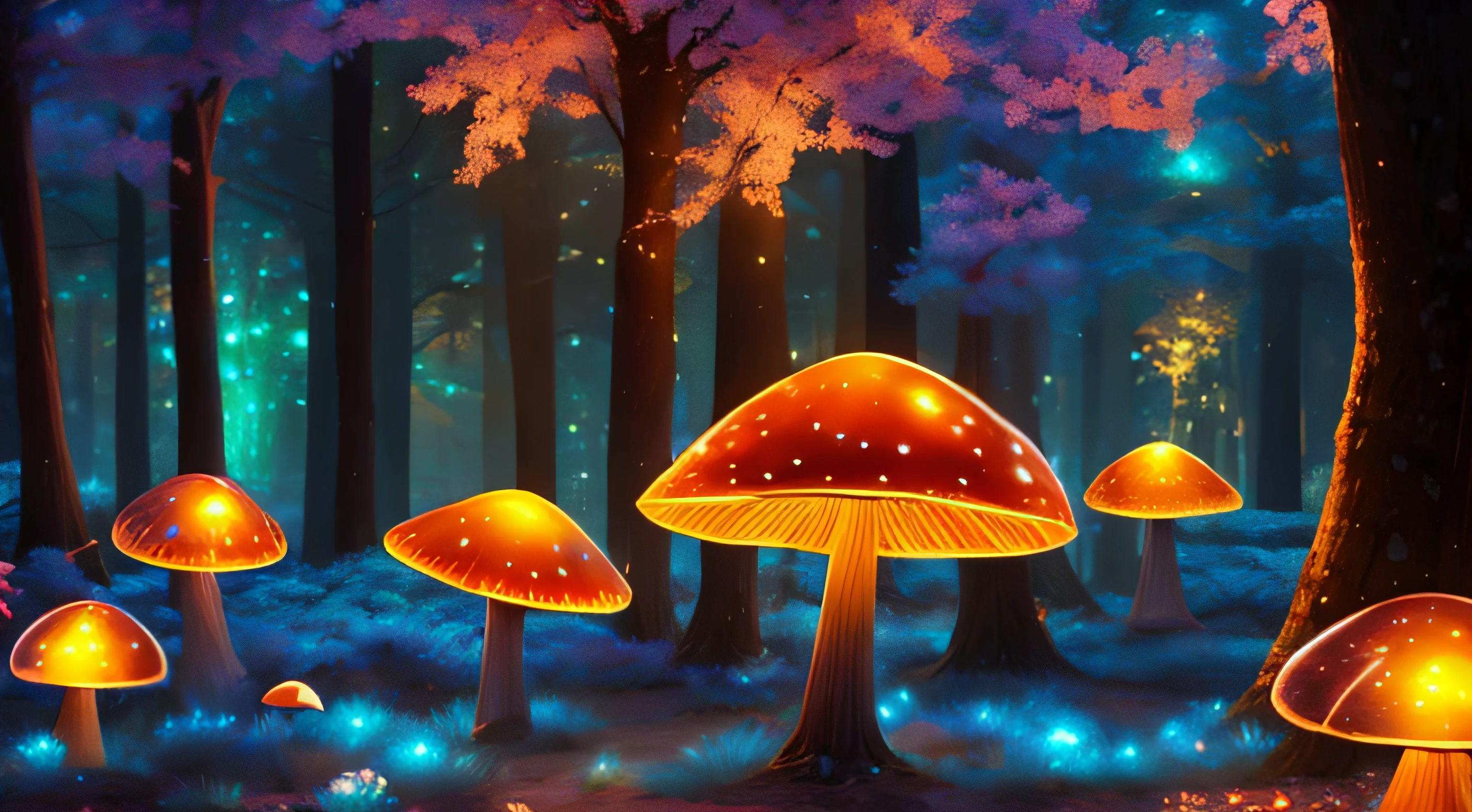 (meilleur qualité, ultra-détaillée, 16k, couleurs vives, Bokeh) champignons bioluminescents, champignon rougeoyant, scène de nuit enchanteresse, couleurs éclatantes, fantaisie, Créatures magiques, spores rougeoyantes, illumination éthérée, lueur douce, affichage hypnotisant, Ambiance de rêve, Forêt mystique, capricieux, surréel, Lumière naturelle, champignons rougeoyants, écosystème chatoyant, captivant, Beauté éthérée, surnaturel, captivant, Lueur magique, Cadre enchanteur, conte, Mystérieux, éclairage doux, ambiance magique, Affichage éblouissant, Paysage surréaliste, teintes vibrantes, lumière douce et subtile, pays des merveilles, Lueur dans le noir, surnaturel, beauté envoûtante, onirique, Des ombres enchanteresses, spectacle surnaturel.