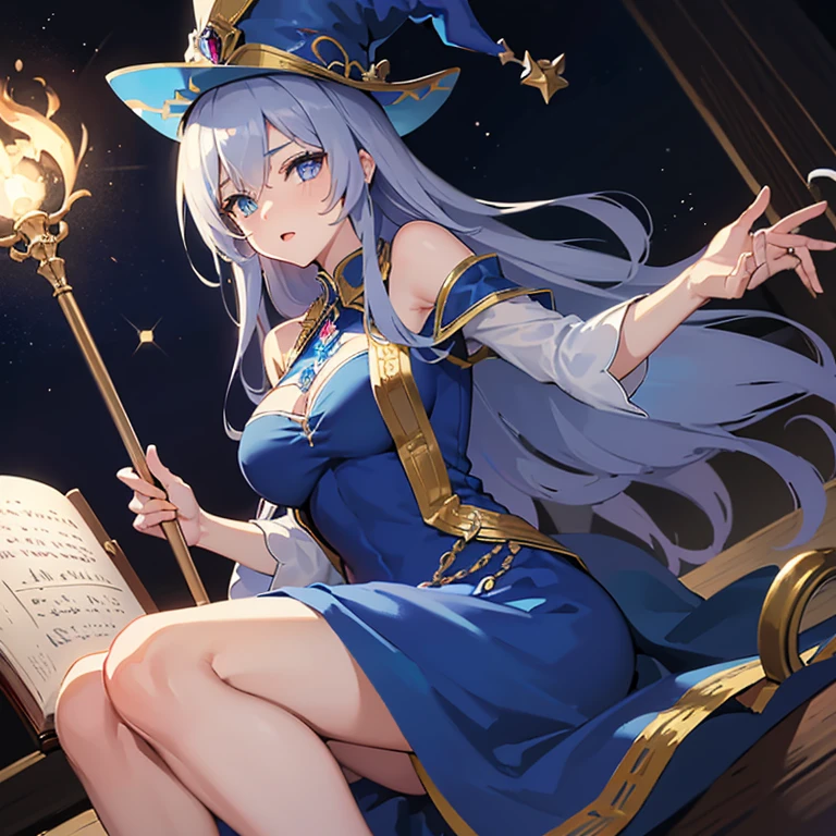 masuter piece hight resolution top-quality married woman Sorcerer ((blue royal dress)) (Big Wizard Hat) Reflecting the whole body he has a wooden cane in his right hand.. With long silver hair Glamorous body Library