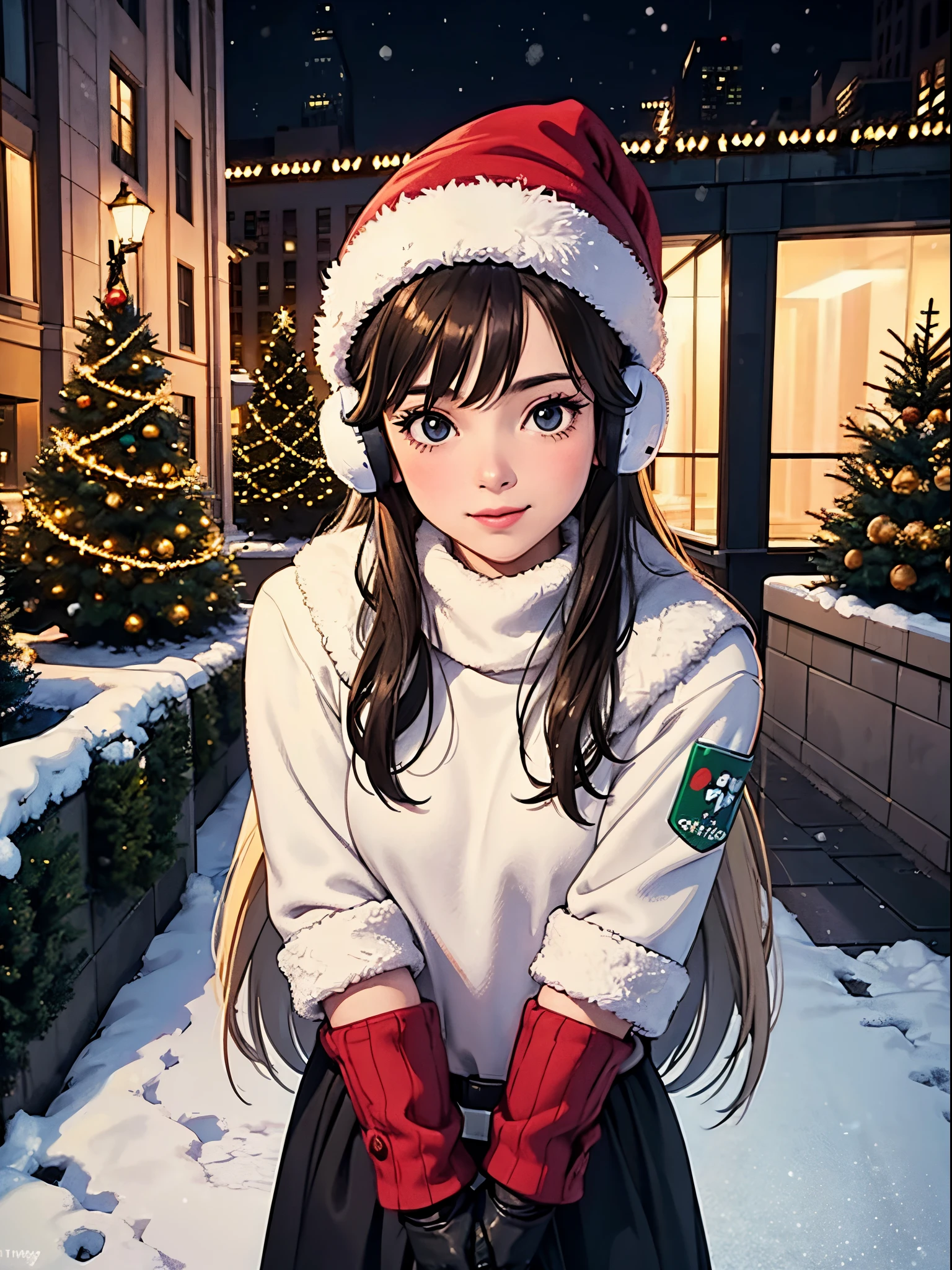 lofi happy brunette girl with headphones poses to selfie from analog camera in front of beautiful landscape New York Rockefeller Center with huge (Christmas trees). winter night, it's snowing a lot. lights. travel. tourist warm clothes, gloves, winter hat. long hair. cold breath, christmas sweater
