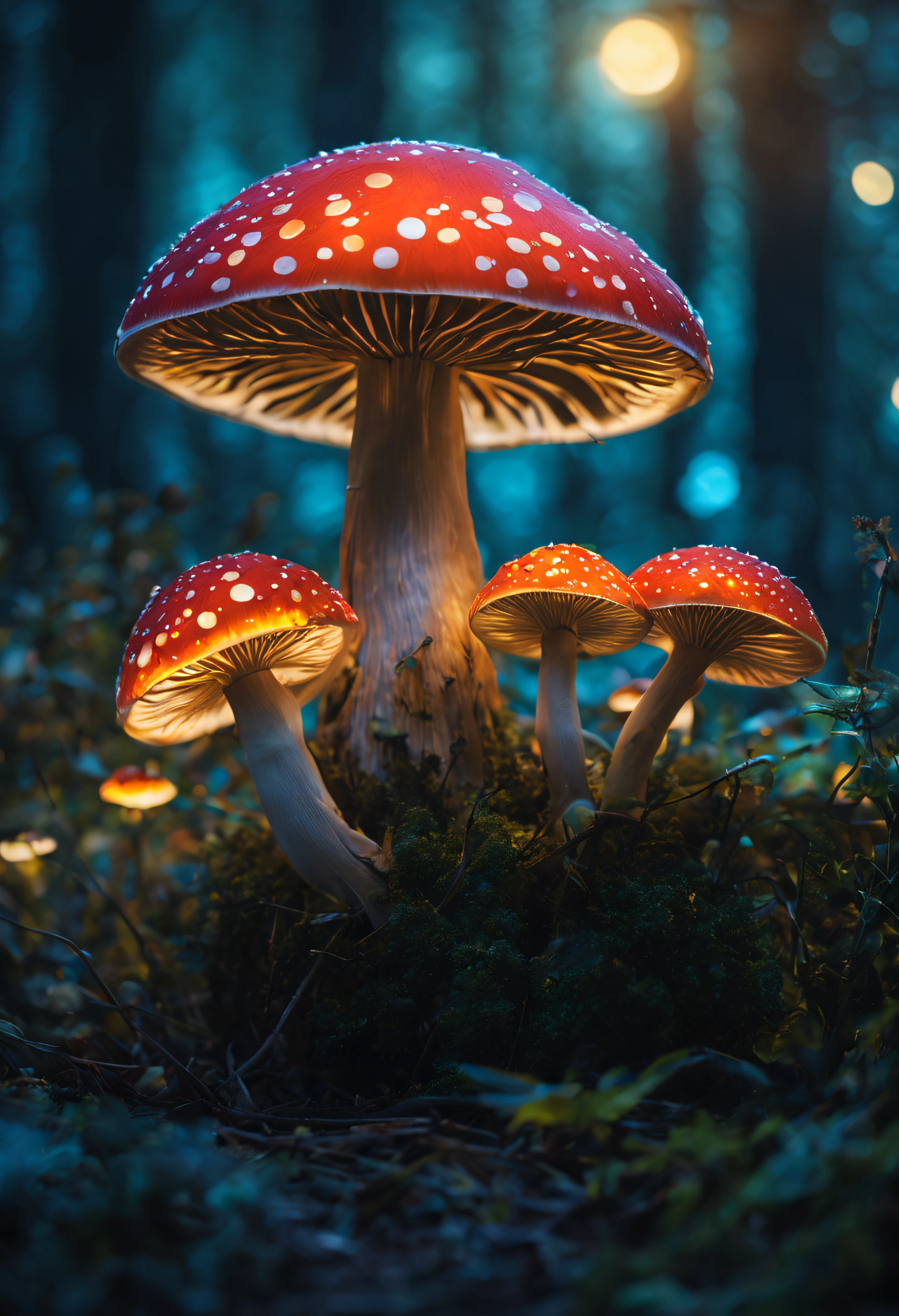 (meilleur qualité, ultra-détaillée, 16k, couleurs vives, Bokeh) champignons bioluminescents, champignon rougeoyant, scène de nuit enchanteresse, couleurs éclatantes, fantaisie, Créatures magiques, spores rougeoyantes, illumination éthérée, lueur douce, affichage hypnotisant, Ambiance de rêve, Forêt mystique, capricieux, surréel, Lumière naturelle, champignons rougeoyants, écosystème chatoyant, captivant, Beauté éthérée, surnaturel, captivant, Lueur magique, Cadre enchanteur, conte, Mystérieux, éclairage doux, ambiance magique, Affichage éblouissant, Paysage surréaliste, teintes vibrantes, lumière douce et subtile, pays des merveilles, Lueur dans le noir, surnaturel, beauté envoûtante, onirique, Des ombres enchanteresses, spectacle surnaturel.