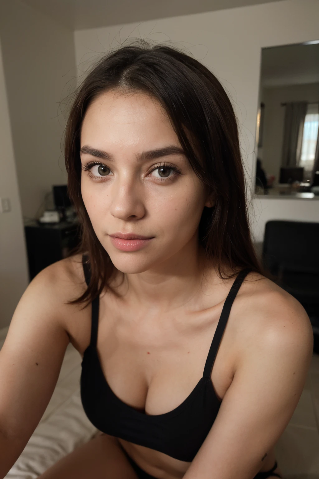 ((La mejor calidad)), ((detallado)), 8K, mujer pelo negro, 24-year-old hyperrealistic, modo selfie para instagram, , mirada sexy, sentada en la cama, Ultra Definition, (photoreallistic: 1.4), 8k, calidad premier, fondos detallados, cara delicada, maquillaje natural, foto raw, iphone, HDR, Coqueteando con el espectador, apartamento de lujo, de espalda, buenas caderas, culo grande