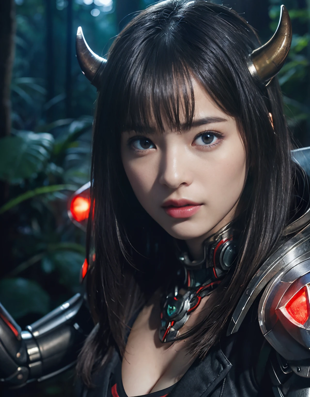 (1 Mechanical Girl)、(Mystical expression)、top-quality、masterpiece、超A high resolution、(Photorealsitic:1.4)、Raw photo、女の子1人、Fight mutants、glowy skin、(((1 Mechanical Girl)))、(Red Metal Bodysuit)、(Fight goblings、ogre、Fierce battle with orcs),(Fight fiercely against aliens)、Fight fiercely、(beautiful forest background)、(Fighting Demonic Beasts)、(Small LED)、((super realistic details))、portlate、(Strong giant demon beast background),globalillumination、Shadow、octan render、8K、ultrasharp、Colossal tits、Raw skin is exposed in cleavage、red metal、Details of complex ornaments、Japan details、highly intricate detail、Realistic light、(Mystical expression),CGSoation Trends、Blue eyes、radiant eyes、Facing the camera、neon details、(Mechanical limbs)、(blood vessels connected to tubes)、(Wires and cables connecting to the head)、Small LED、,Mechanical thighs、Toostock、(Hands are also made of machines)、(Precipitous cliffs、fortress)、机器人、
