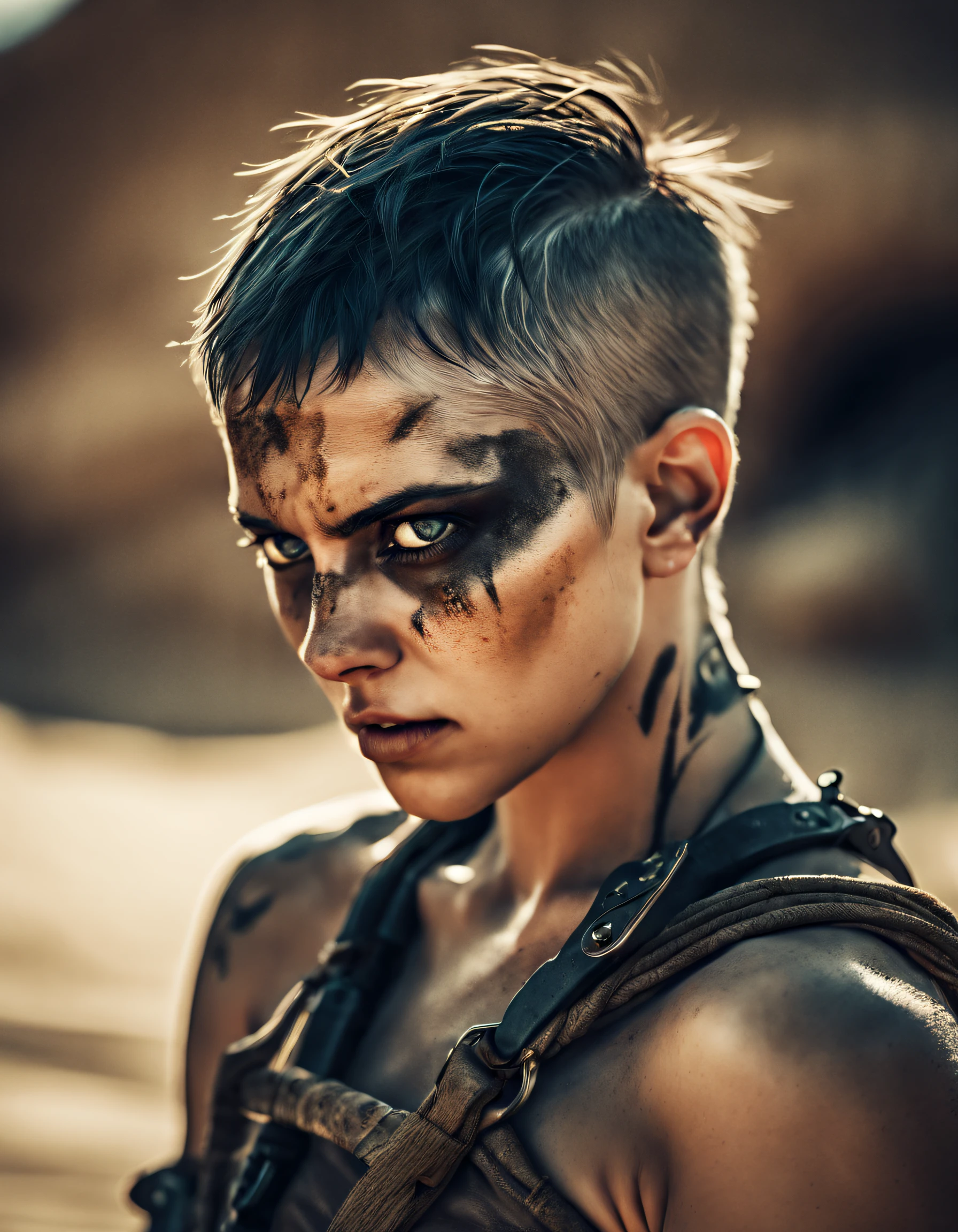 Furiosa,Mad Max,Mulher magra,short hair,rosto pintado,Meio preto,enormes olhos azuis,illustration,circunstanciado,rosto e olhos altamente detalhados,fundo do deserto,fierce expression,dystopians style,color grading:Contraste,low key lighting,Altas,arte conceitual,Action,post apocalyptic,corajoso,beleza dura,forza,Ferocidade,valentia, sexy, milf nude