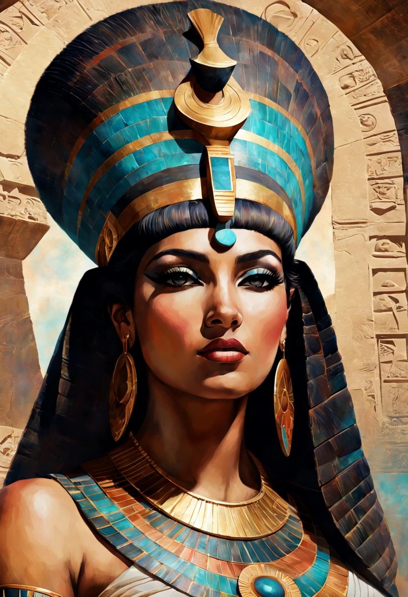 Close-up, Ancient Egyptian fantasy, digital painting of Cleopatra's close-up portrait, swathed in colorful gradient grunge, adorned with arabesque, swirl patterns, set against a neutral backdrop, center-aligned with a spiral helix, seamless double exposure effects incorporating hieroglyphs, pyramids, obelisks, ethereal and intricate design elements, layered with rippled, fragmented textures, creating an illusory, transient, and enigmatic narrative, mesmerizing, highly detailed, ultra, Mysterious, Style  Gabriele Dell'otto, AI Midjourney, bright saturated colors, watercolor, oil paints, HDR, 500px, 4k,