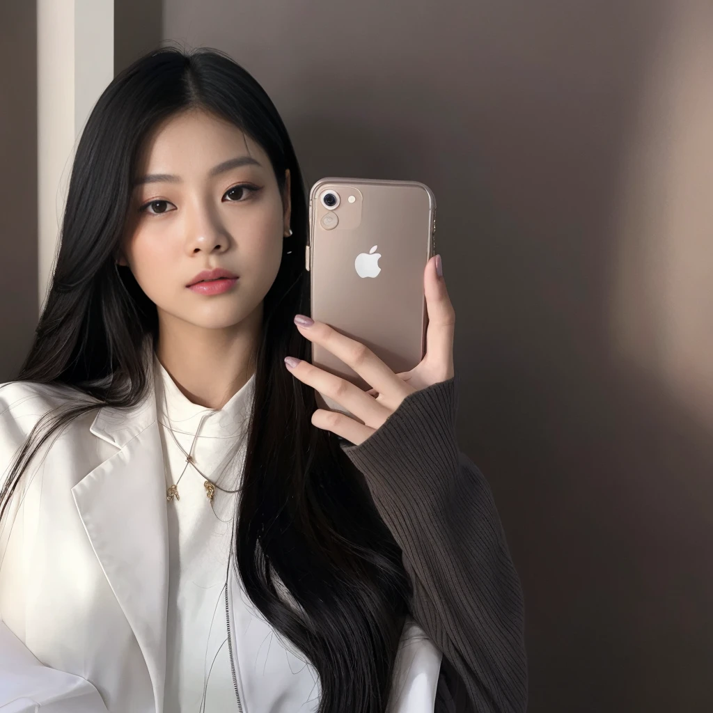 there is a japanese woman taking a selfie with her phone, blackpink jennie, with apple, ulzzang, 8k selfie photograph, she is holding a smartphone, iphone selfie, korean artist