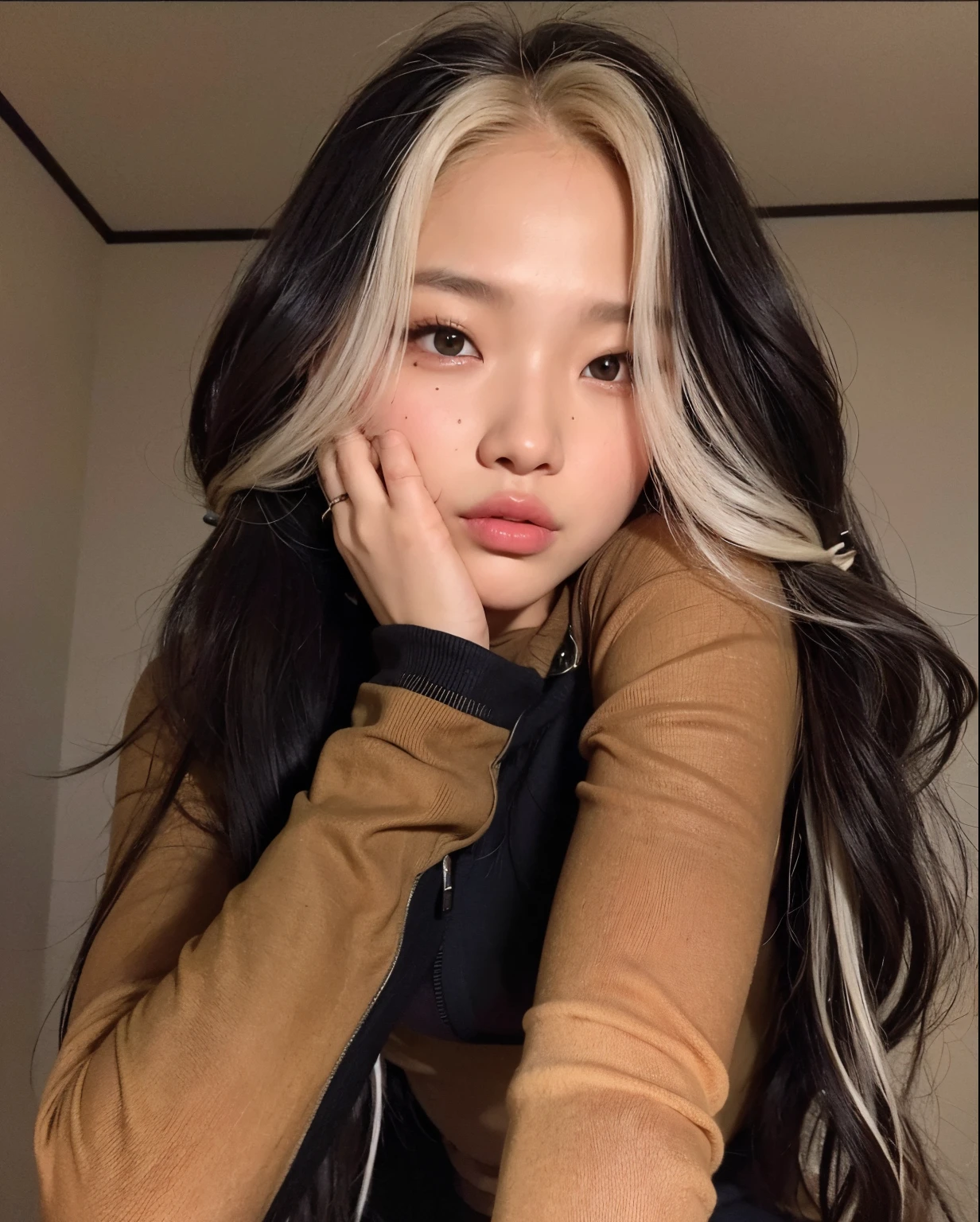 mulher arafa com longos cabelos pretos e uma jaqueta bege, her hair is white, com cabelos longos brancos, branco hime corte penteado, jennie blackpink, com longos cabelos brancos, Asian girl, Destaques brancos no cabelo, Shikami, Retrato de Jossi de Blackpink, menina coreana, Asian girl with long hair, com cabelos longos, Parque Roseanne do Blackpink