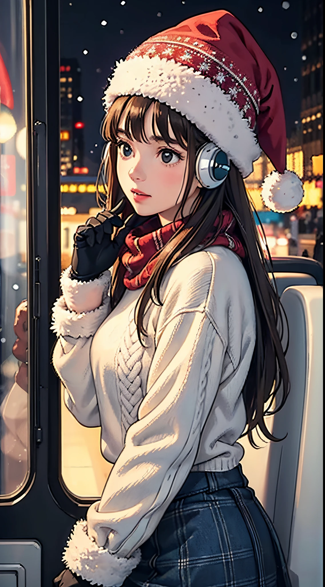 lofi chilled one brunette girl with headphones drives inside bus, thinking, looking up, head bend. finger touches thin. winter night, it's snowing a lot. beautiful landscape New York Rockefeller Center with huge (Christmas trees) lights. travel. tourist warm clothes, gloves, winter hat. long hair. front view, christmas sweater