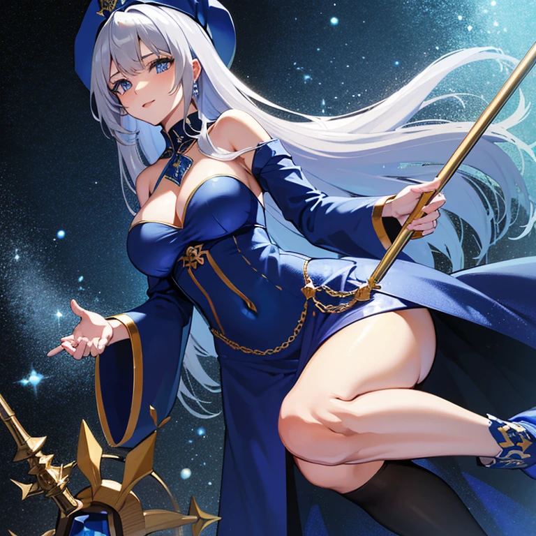 masuter piece hight resolution top-quality married woman Sorcerer ((blue royal dress)) (Big Wizard Hat) Reflecting the whole body she has a wooden cane in her right hand.. With long silver hair Glamorous body Library