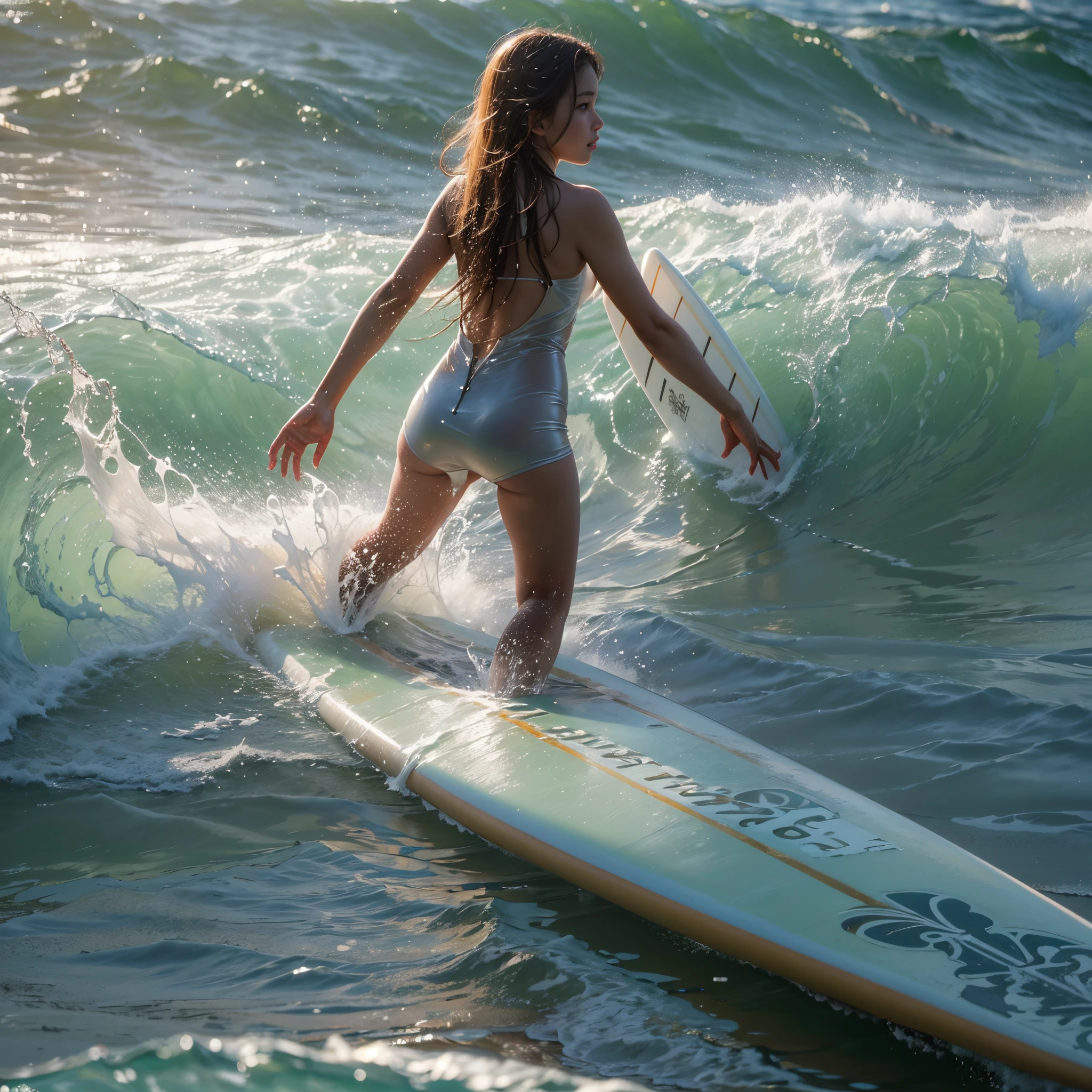 (8K, Original photography, Top image quality, masterpiece: 1.2), hyper HD, (Realistic, photorealistic: 1.38), realisticlying, A high resolution, back lighting. Tiny Girls, Girl surfing、glistening ivory skin, back lighting, standing on the waves, surfing, sparkling water, standing on surfboard,