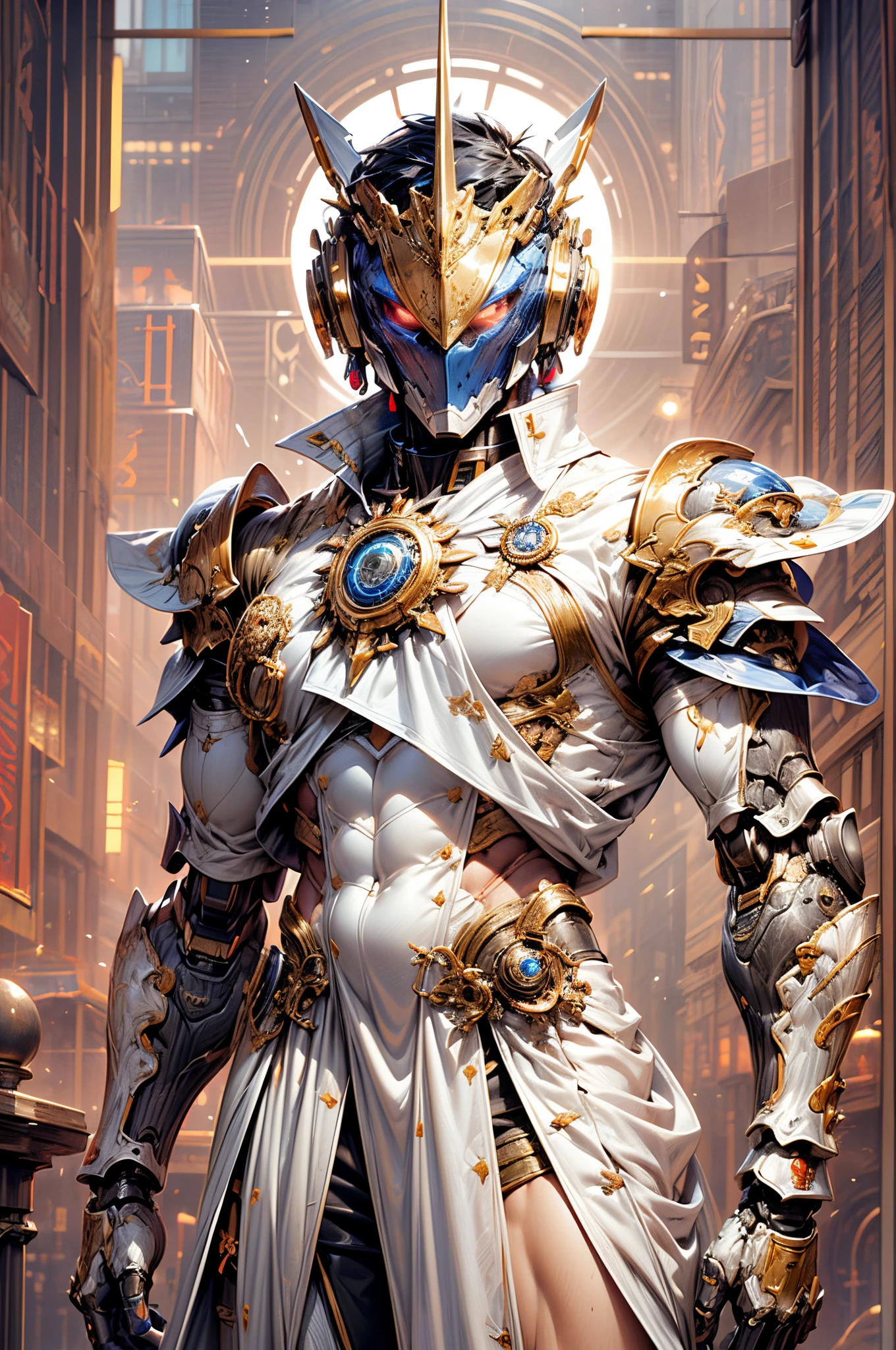 (((An epic and visually stunning digital anime masterpiece featuring a sylphlike masculine ((male:1.5)) decorated military soldier angel clad in a sleek yet tactical armored yet decorated leather military trench coat:1.2))), (((flat masculine male chest:1.5, mechanical mecha knight head with a narrow visor:1.5))), (((the character is adorned in a (scifi tactical armored open front trench coat with a built in exoskeleton, hood pulled up) (over a form fitted armor plated yet super sleek and revealing under suit with waist cut outs), the armor plating on the upper arms and shoulders beautifully engraved))):1.4. The image showcases the intricacies of the character’s armor and clothing:1.5, ((capturing their flamboyant essence and heavy mecha aesthetic:1.2)). The character also possesses an androgynous charm, (((with slim yet heavily muscled physique:1.2, sylphlike with a sleek waist, toned yet beautifully sleek cybernetic arms:1.3, mechanical arms and legs:1.3, mecha muscles:1.3))), looking at viewer, (((brass metal armor and brown leather, dieselpunk:1.3)))