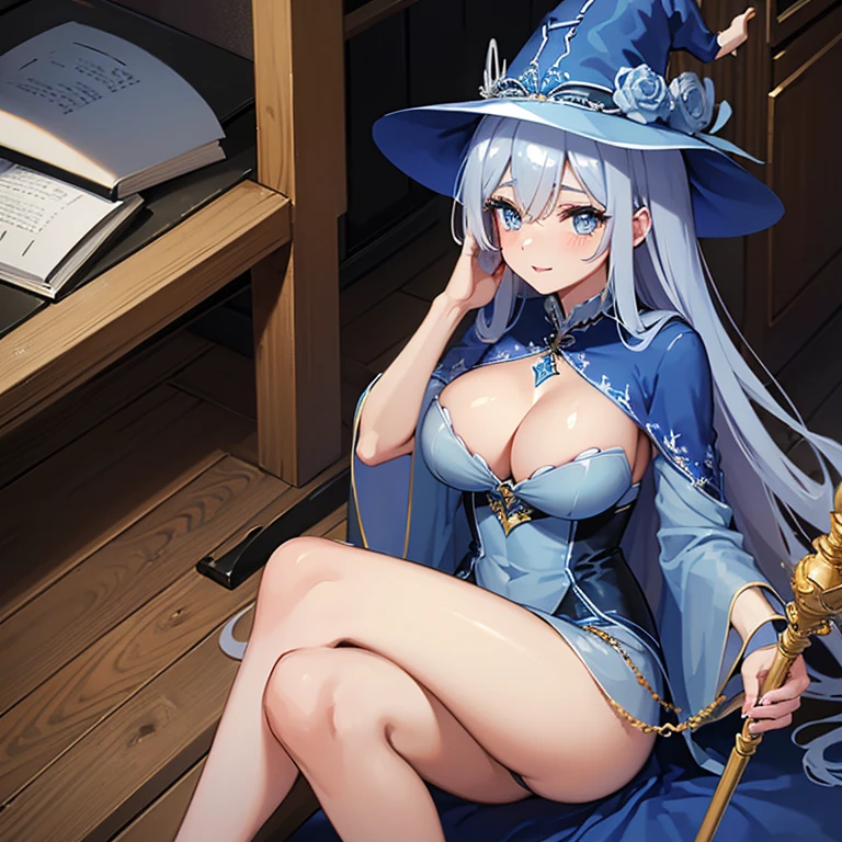 masuter piece hight resolution top-quality married woman Sorcerer ((sheer blue royal dress)) (Big Wizard Hat) Reflecting the whole body she has a wooden cane in her right hand With long silver hair Glamorous body Library