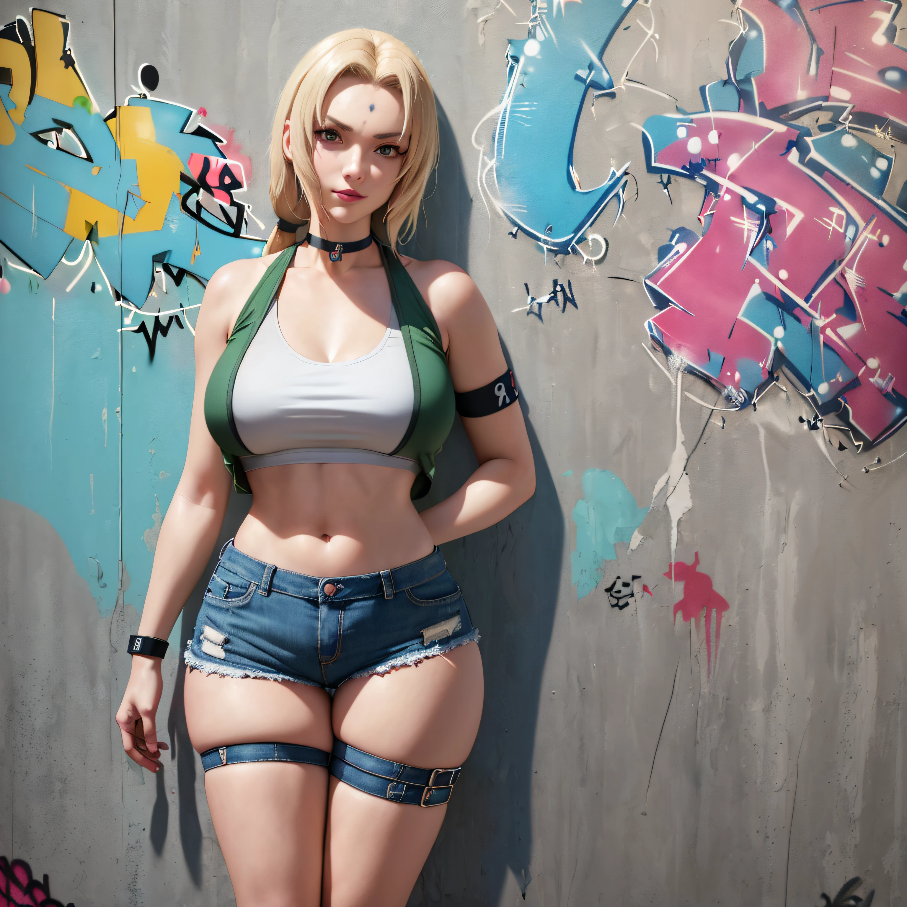 ultra realistic 8k cg, masterpiece, ((ultra-detailed background, delicate pattern, intricate detail)), (highly detailed, fine details), best quality, (photorealistic:1.4), beautiful lighting,  absurd res, RAW photo, masterpiece, best quality, (extremely detailed CG unity 8k wallpaper, masterpiece, best quality, ultra-detailed, masterpiece, best quality, 1girl, solo, crop top, denim shorts, choker, (graffiti:1.5),  arms behind back, against wall, looking at viewer, armband, thigh strap, head tilt, smiling, blonde hair, aqua eyes, headset, straight post, Tsunade