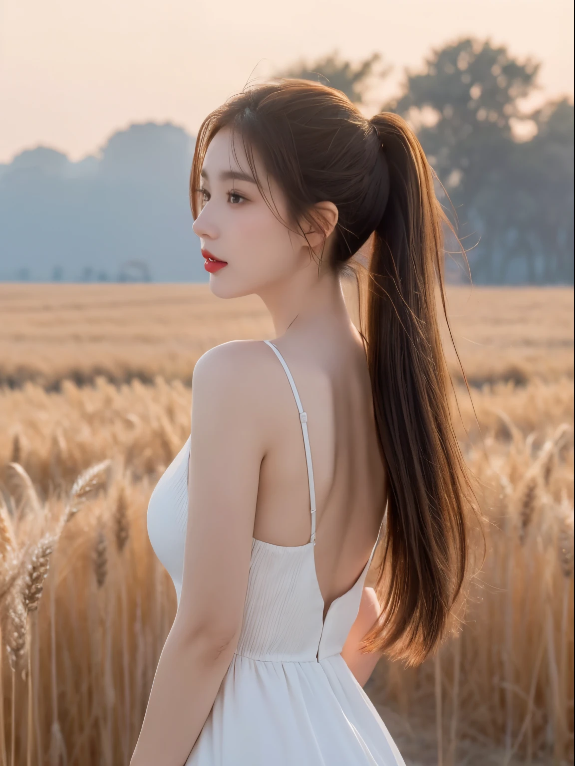 (tmasterpiece:1.4),, (Best quality at best:1.4),, 超高分辨率,, 8K, CG,, (Extremely Delicately Beautiful:1.2),, , The upper part of the body,, From the side Side,, looking at viewert,, , 1个Giant Breast Girl,, Alone,, Robbery girls,, Mature girls,, , cute big breasts, Sweet,, , in a wheat field,, vague background,, , Brown hair long,, pony tails,, , Brown eyes,, Keep your mouth shut,, Redlip,, , Face blown by the wind,, , White dress,, mediuml breasts,