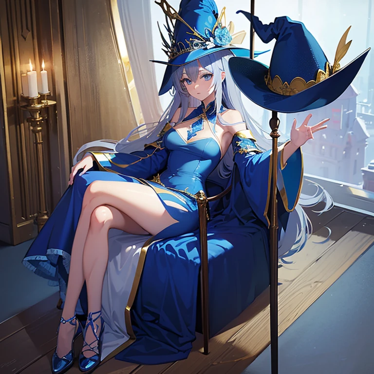 masuter piece hight resolution top-quality married woman Sorcerer ((Sheer blue royal dress)) (Big Wizard Hat) Reflecting the whole body she has a wooden cane in her right hand With long silver hair Glamorous body Library