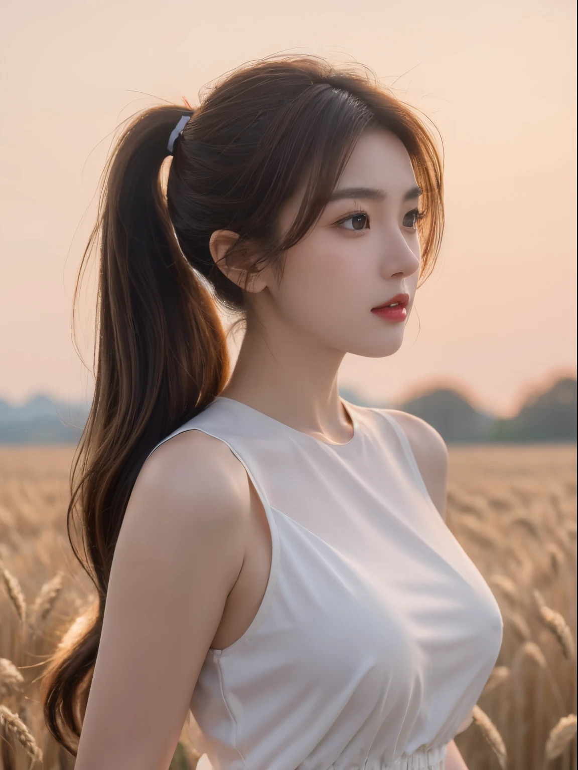 (tmasterpiece:1.4),, (Best quality:1.4),, 超高分辨率,, 8K, CG,, (Extremely Delicately Beautiful:1.2),, , upper part of body,, seen from the side,, looking at viewert,, , 1 busty girl,, Alone,, Robbery girls,, Mature girl,, , Cute big breasts, Sweet,, , in a wheat field,, vague background,, , Long brown hair,, pony tails,, , Brown eyes,, close your mouth,, Redlip,, , Face blown by the wind,, , White dress,, mediuml breasts,