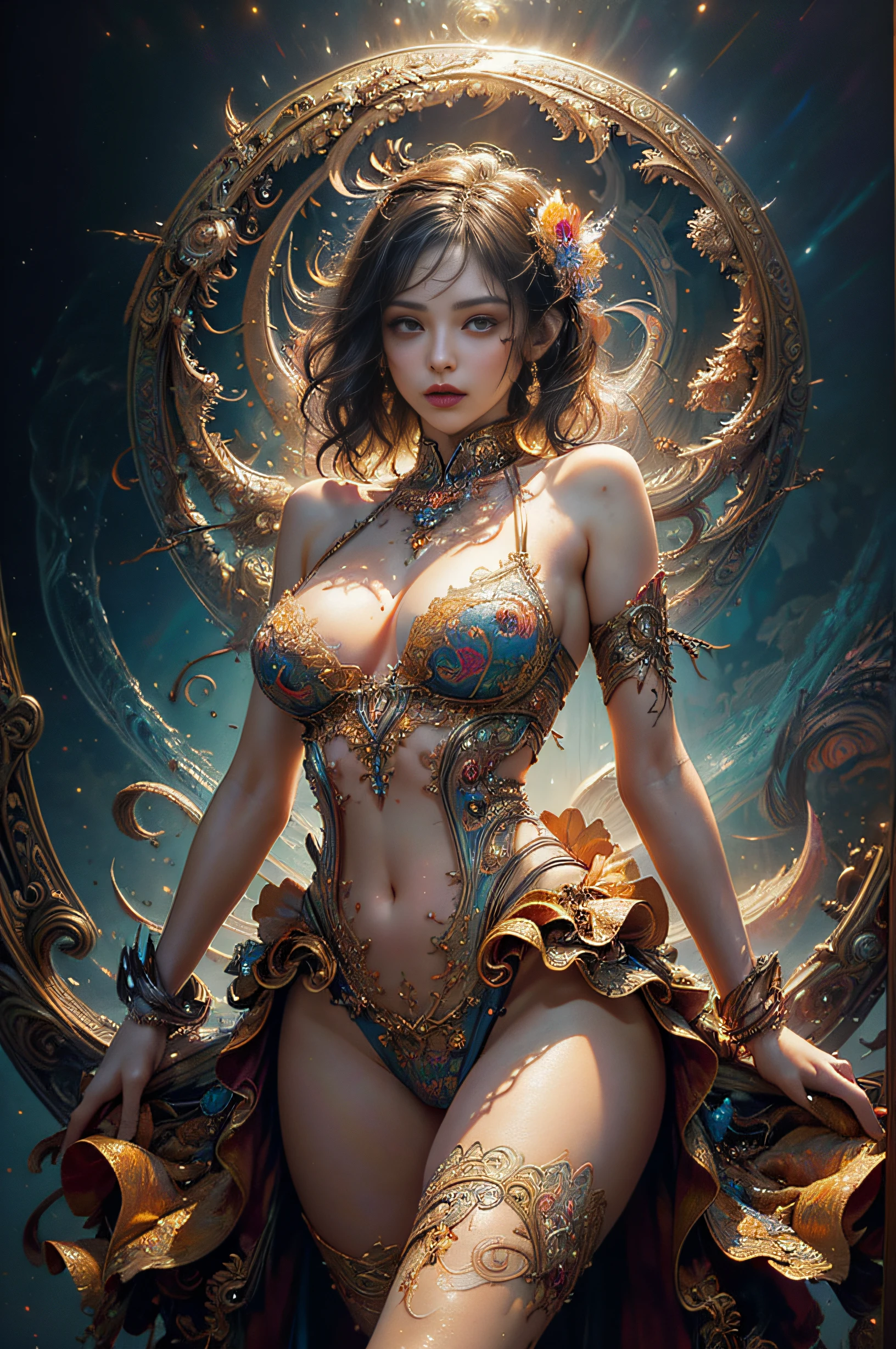 wavy, cool design, colorful design, warm colors, colorful, (masterpiece, top quality, best quality, official art, beautiful and aesthetic:1.2), , extreme detailed,(fractal art:1.3), entangle ,colorful ,highest detailed (((masterpiece))), (((best quality))), ((ultra-detailed)),(highly detailed CG illustration) ((an extremely delicate and beautiful)) ,cinematic light, erotic, erotic pose,