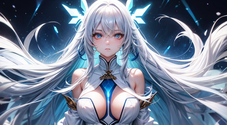 Super powerful, blue effects, long white hair, white clothes, half-naked, orange eyes, adult girl