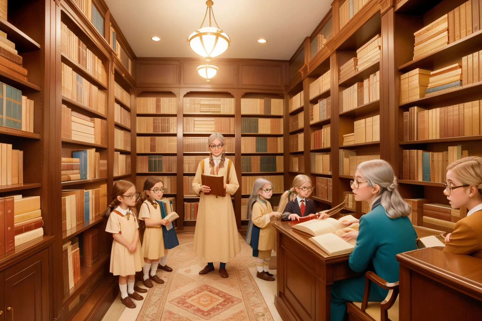 Within a Wes Anderson library bathed in golden sunlight, a bespectacled librarian with a braid of silver hair guides a group of wide-eyed children, each with their unique hair color and expressions of wonder, through towering bookshelves.