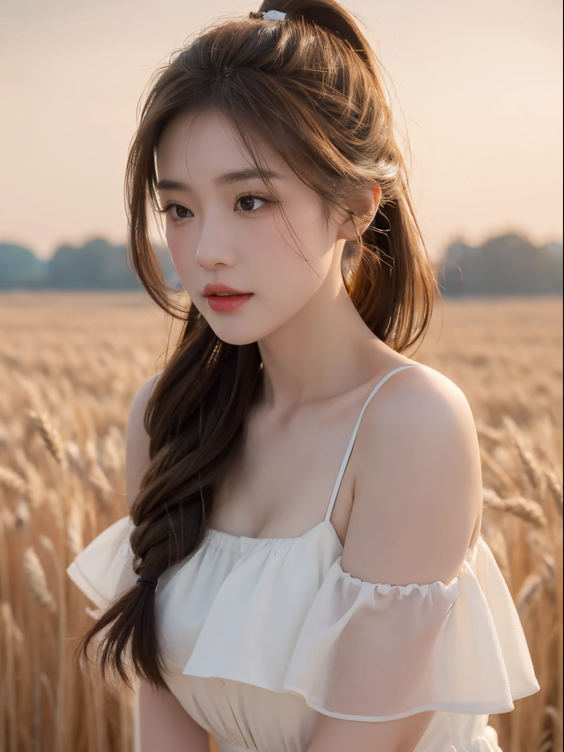 (tmasterpiece:1.4),, (Best quality at best:1.4),, 超高分辨率,, 8K, CG,, (Extremely Delicately Beautiful:1.2),, , Upper part of the body,, seen from the side,, looking at viewert,, , 1 plump girl,, Alone,, Robbery girls,, Mature girls,, , Cute big breasts, Sweet,, , in a wheat field,, vague background,, , Brown hair long,, pony tails,, , Brown eyes,, close your mouth,, Redlip,, , Face blown by the wind,, , White dress,, mediuml breasts,
