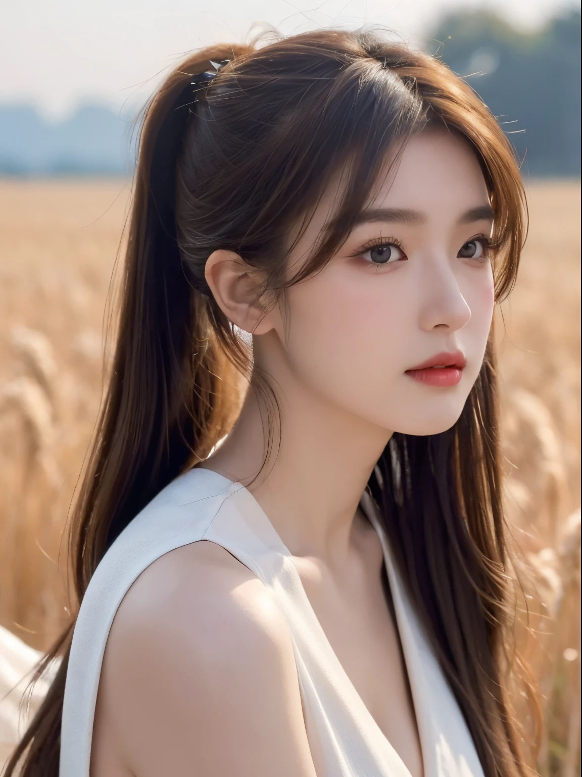 (tmasterpiece:1.4),, (Best quality at best:1.4),, 超高分辨率,, 8K, CG,, (Extremely Delicately Beautiful:1.2),, , Upper part of the body,, seen from the side,, looking at viewert,, , 1 plump girl,, Alone,, Robbery girls,, Mature girls,, , Cute big breasts, Sweet,, , in a wheat field,, vague background,, , Brown hair long,, pony tails,, , Brown eyes,, close your mouth,, Redlip,, , Face blown by the wind,, , White dress,, mediuml breasts,