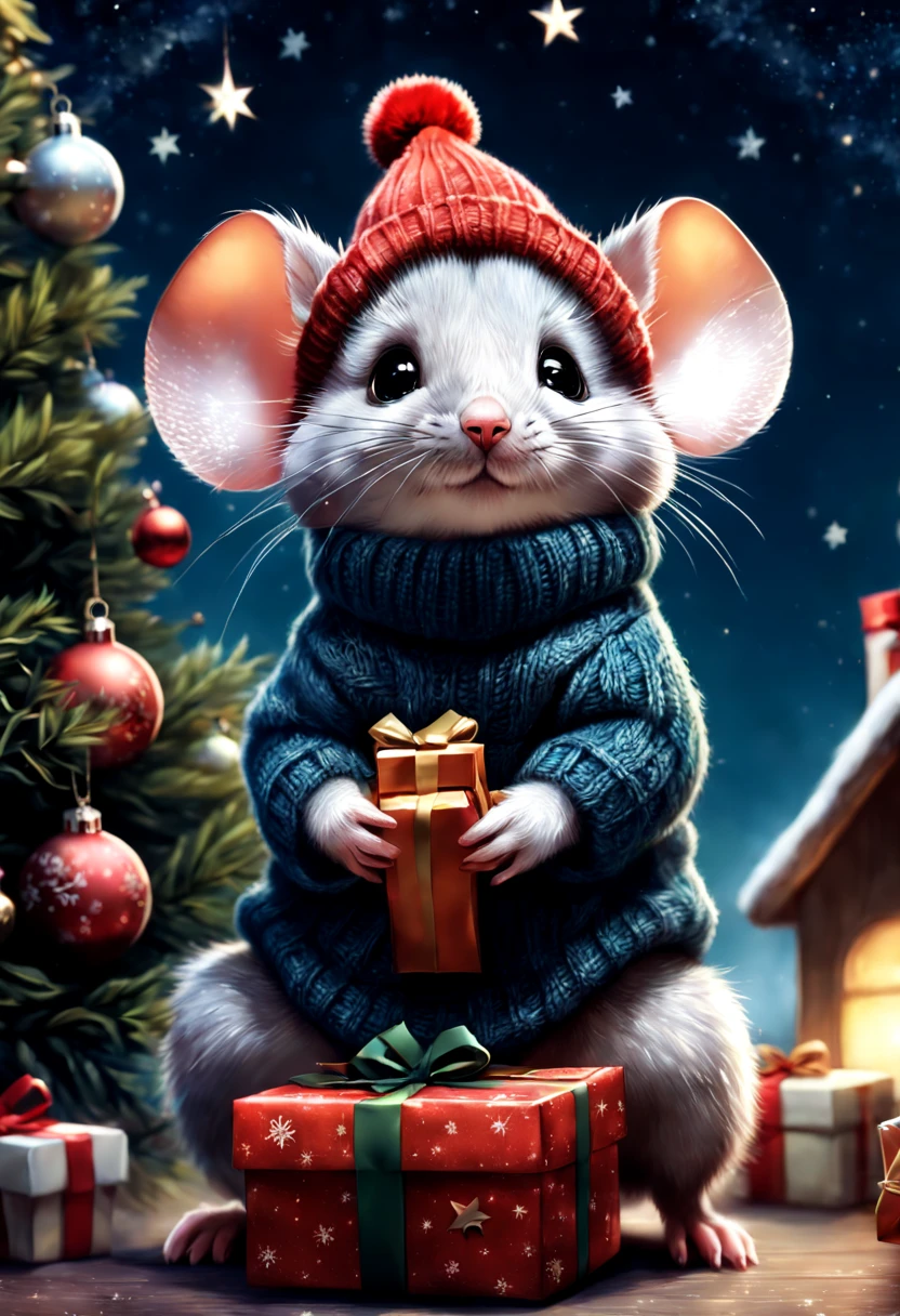 By Marc Simonetti and Hirohiko Araki and Yoji Shinkawa, Image of a tiny adorable anthropomorphic fluffy anthropomorphic chibi mouse in a turtleneck and hat sitting near a Christmas tree, fully decorated, presents nearby, starry sky, cgsociety, amazing, complex, hyper-detailed, beautiful, fantasy,