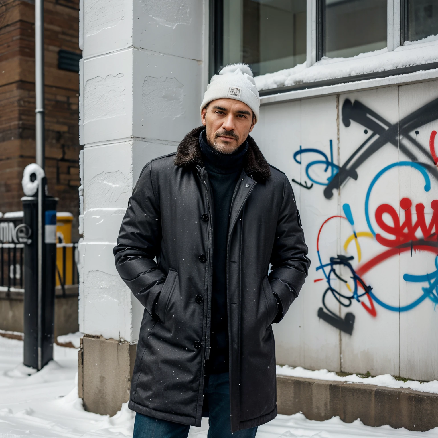 Man in winter coat graffiti style