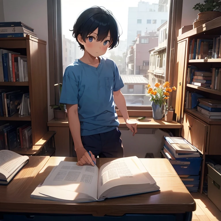 A boy with blue shirt and half orange pant, reading a book in his desk beside the window, the bird flying in the sky , in his desk were pen holder, some books, a clock and a flower vase
