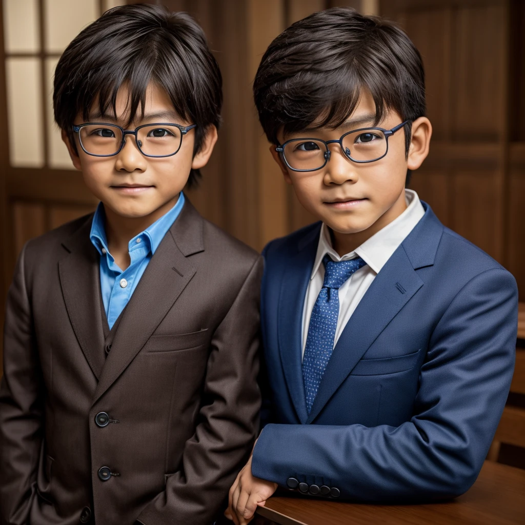 7 year old, Kosei Kimura, ( Conan Edogawa 1.3), kid in a cowboy outfit, dark brown hair which mostly hangs downwards, blue eyes, glasses, masterpiece, 4k hd, 8k hd