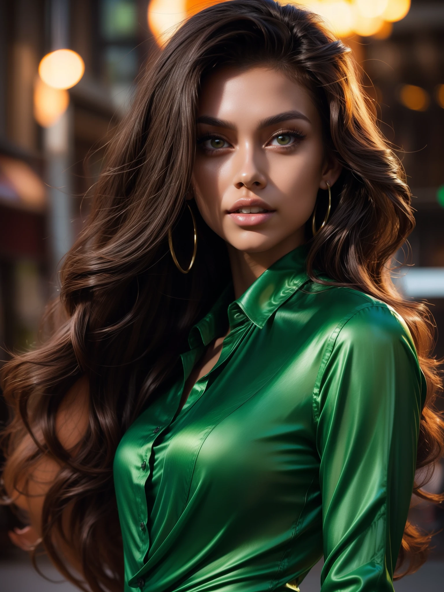 sexy woman (Cristy Ren), long curly brown hair, gorgeous brown eyes, high arched eyebrows, seductive look, (green low-cut silk shirt:1.3), black leather pants, stilettos, midnight modern metropolis, spot lighting, backlight on hair, shallow depth of field, bokeh, sexy