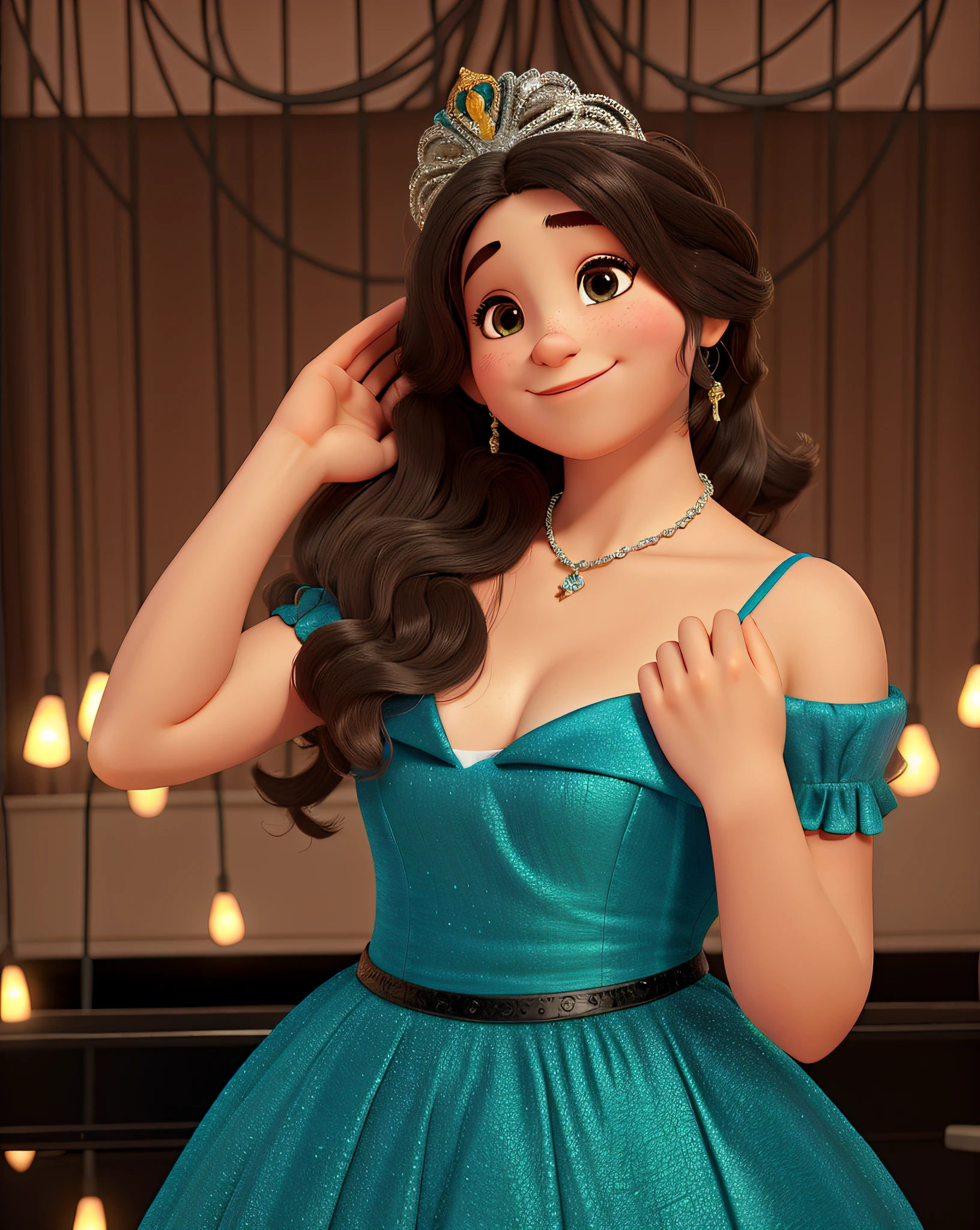 uma menina de 15 anos  vestido ciano em sua festa de aniversario, estilo disney pixar, alta qualidade, melhor qualidade